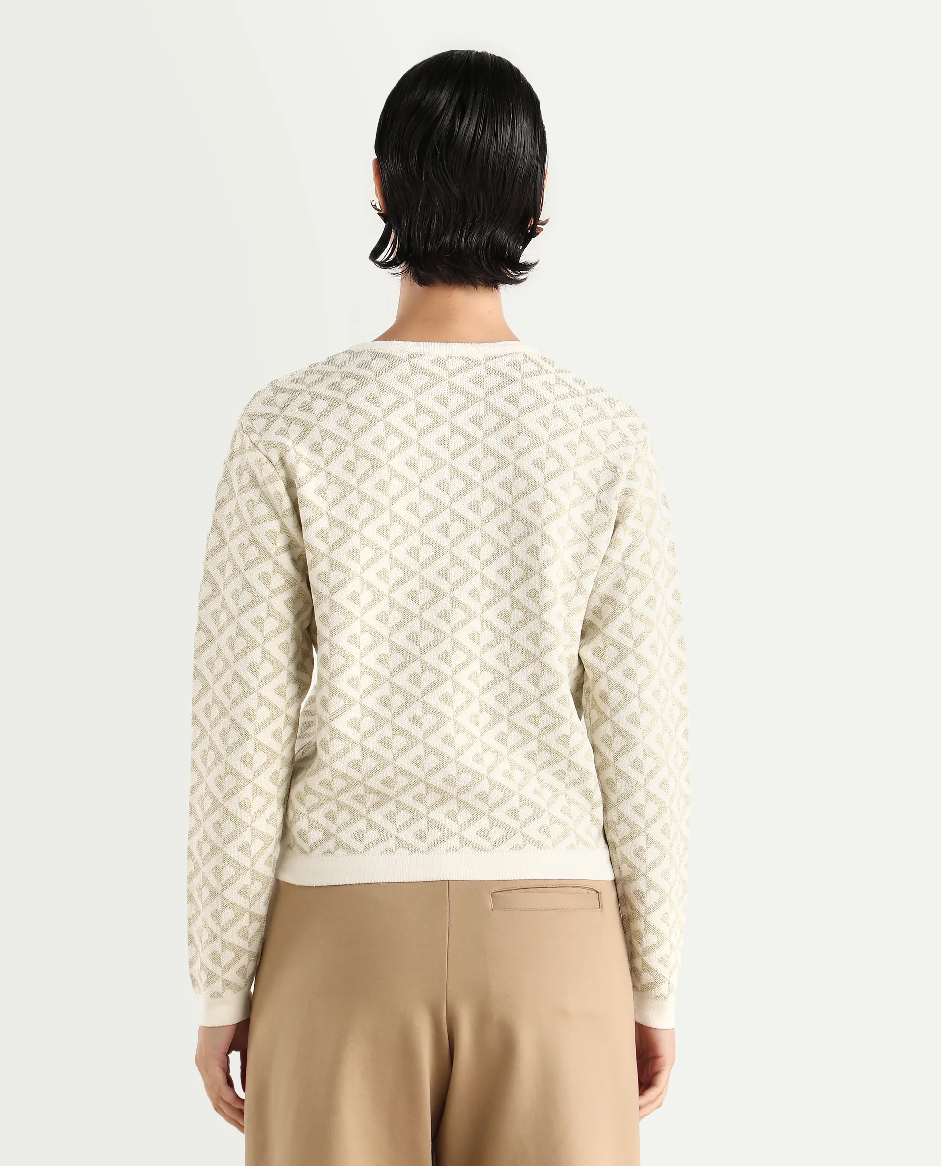 Rareism Women's Dortyol Off White Viscose V-Neck Geometric Print Regular Fit Sweater - Image 7