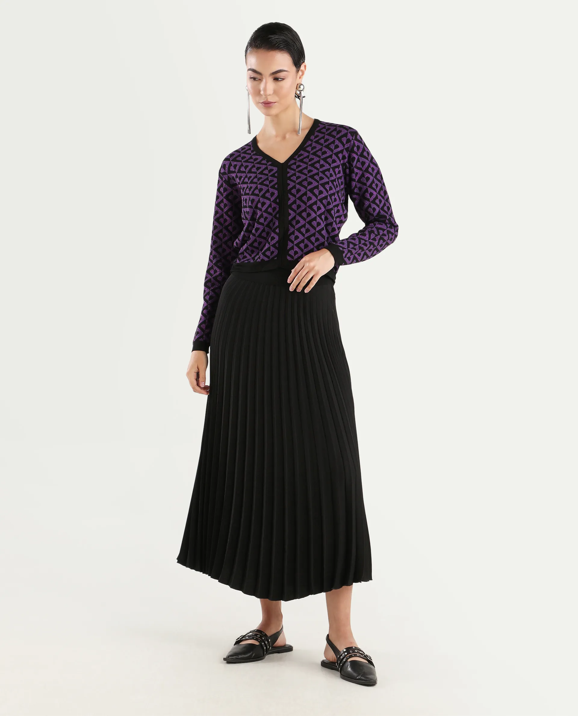 Rareism Women's Dortyol Purple Cotton V-Neck Geometric Print Regular Fit Sweater - Image 2