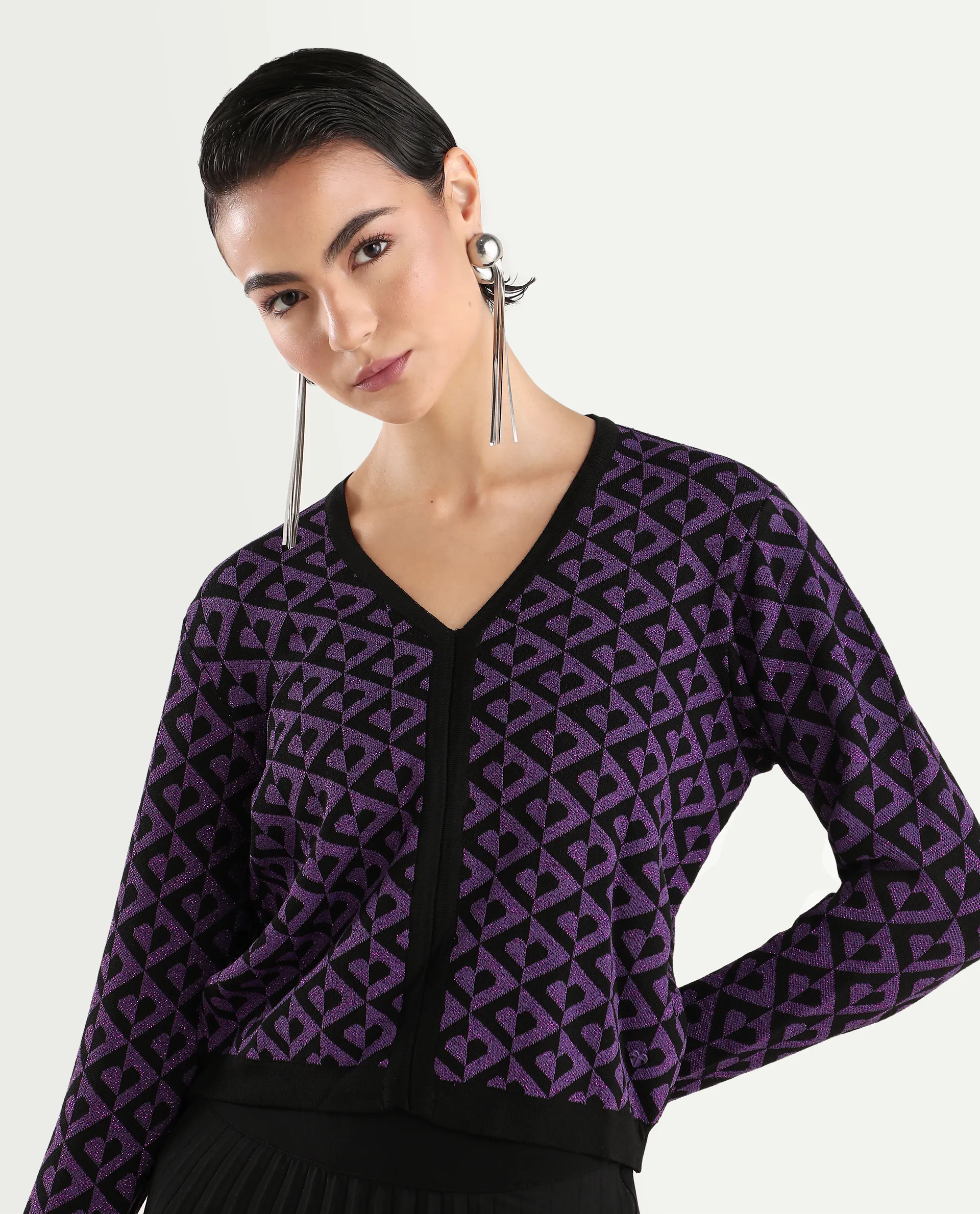Rareism Women's Dortyol Purple Cotton V-Neck Geometric Print Regular Fit Sweater - Image 3