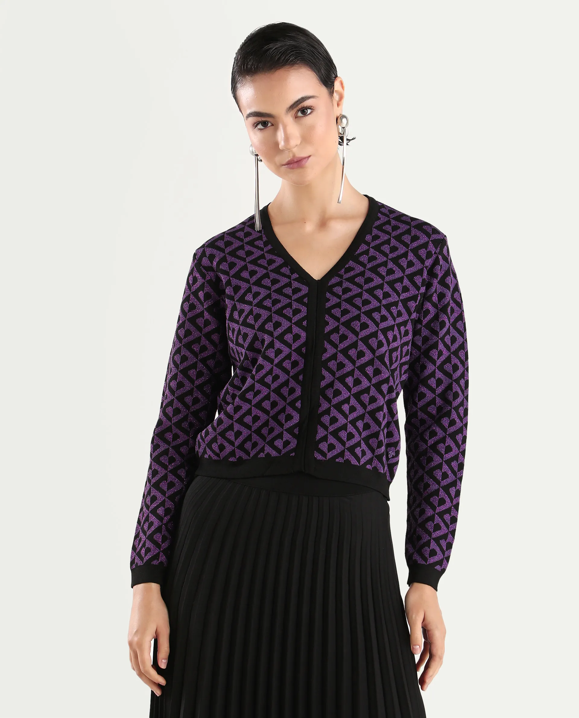 Rareism Women's Dortyol Purple Cotton V-Neck Geometric Print Regular Fit Sweater - Image 4