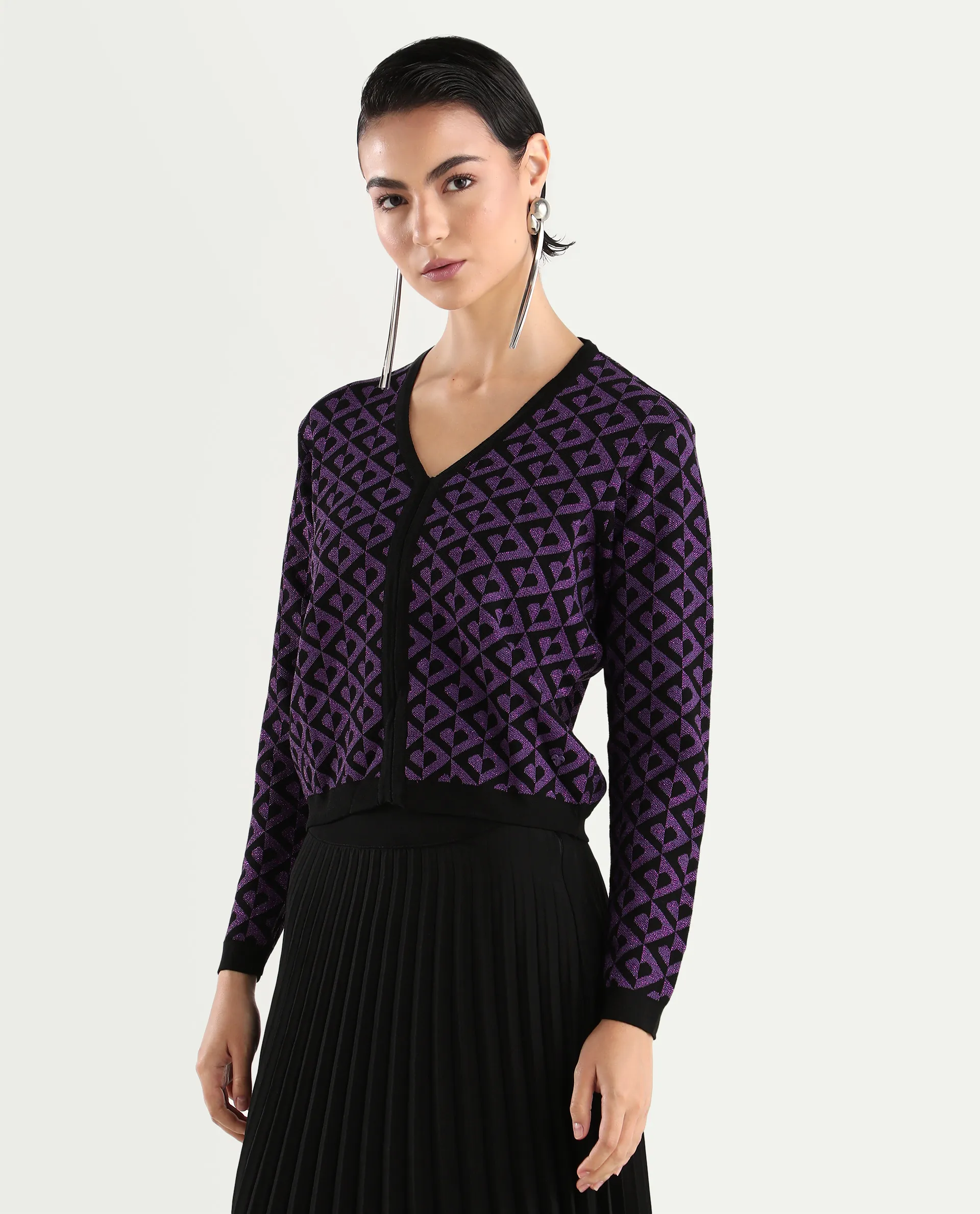 Rareism Women's Dortyol Purple Cotton V-Neck Geometric Print Regular Fit Sweater - Image 5