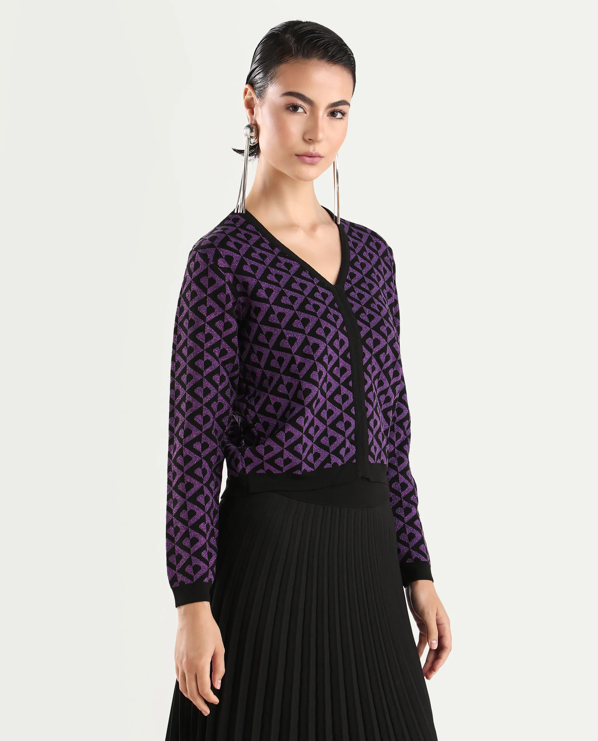 Rareism Women's Dortyol Purple Cotton V-Neck Geometric Print Regular Fit Sweater - Image 6
