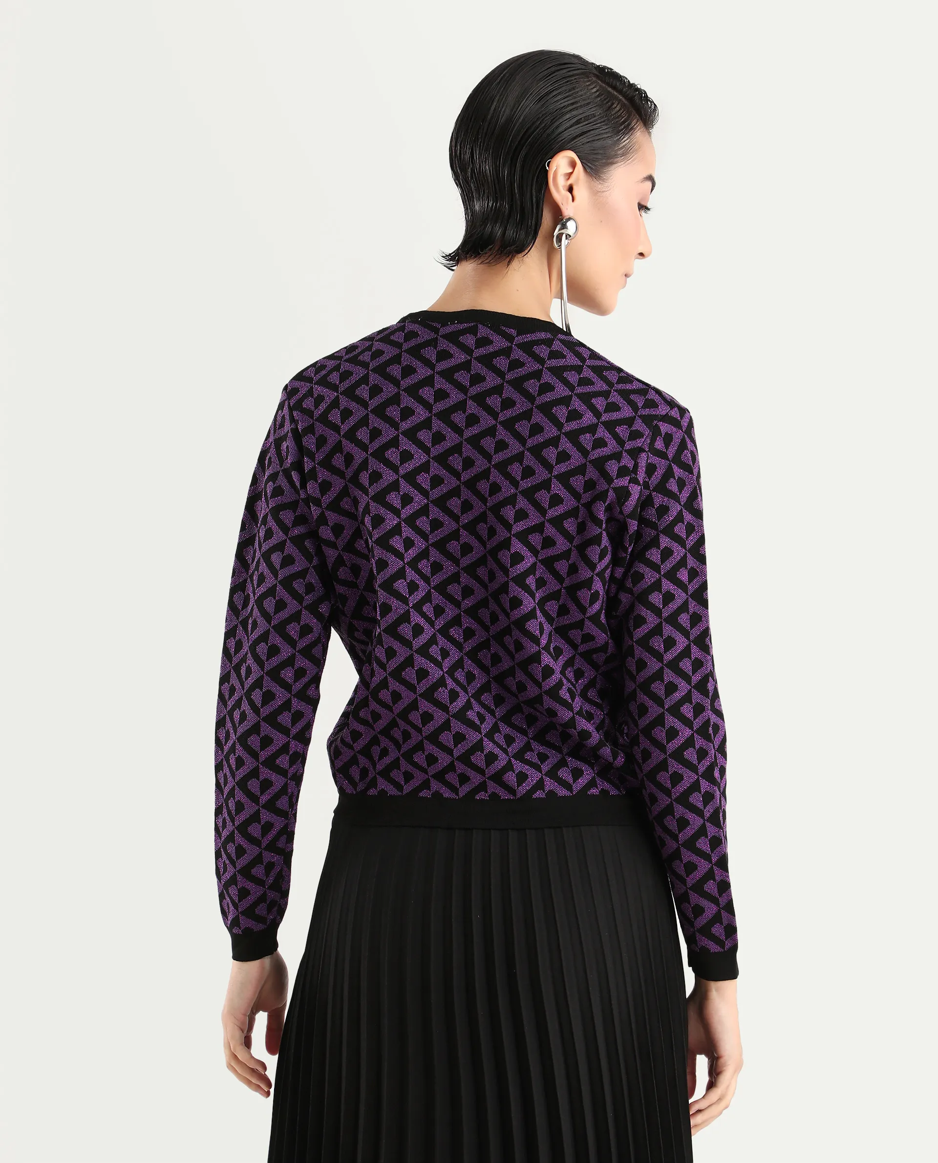 Rareism Women's Dortyol Purple Cotton V-Neck Geometric Print Regular Fit Sweater - Image 7