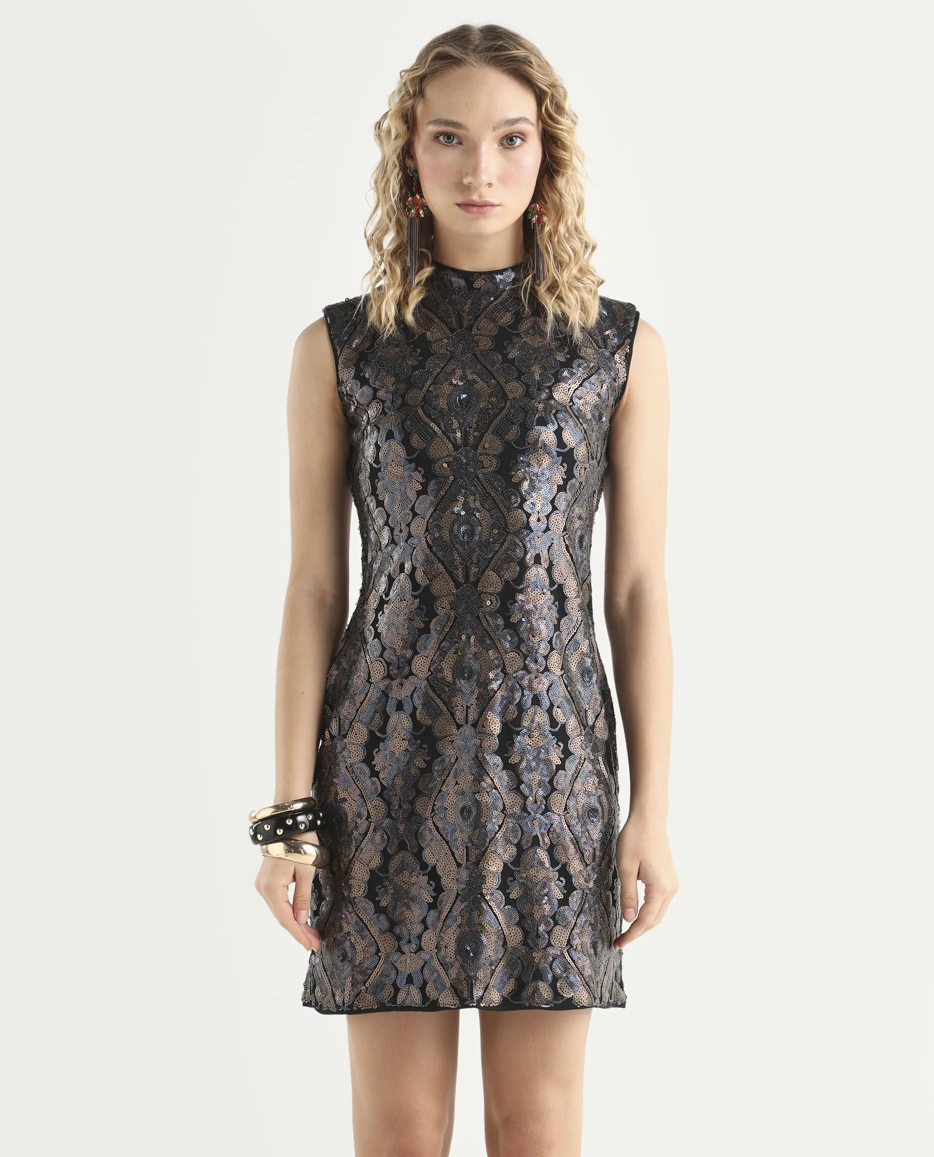 Rareism Women's Dory Sheen Multi Polyester High Neck Sequined Sleeveless Mini Regular Fit Dress - Image 3