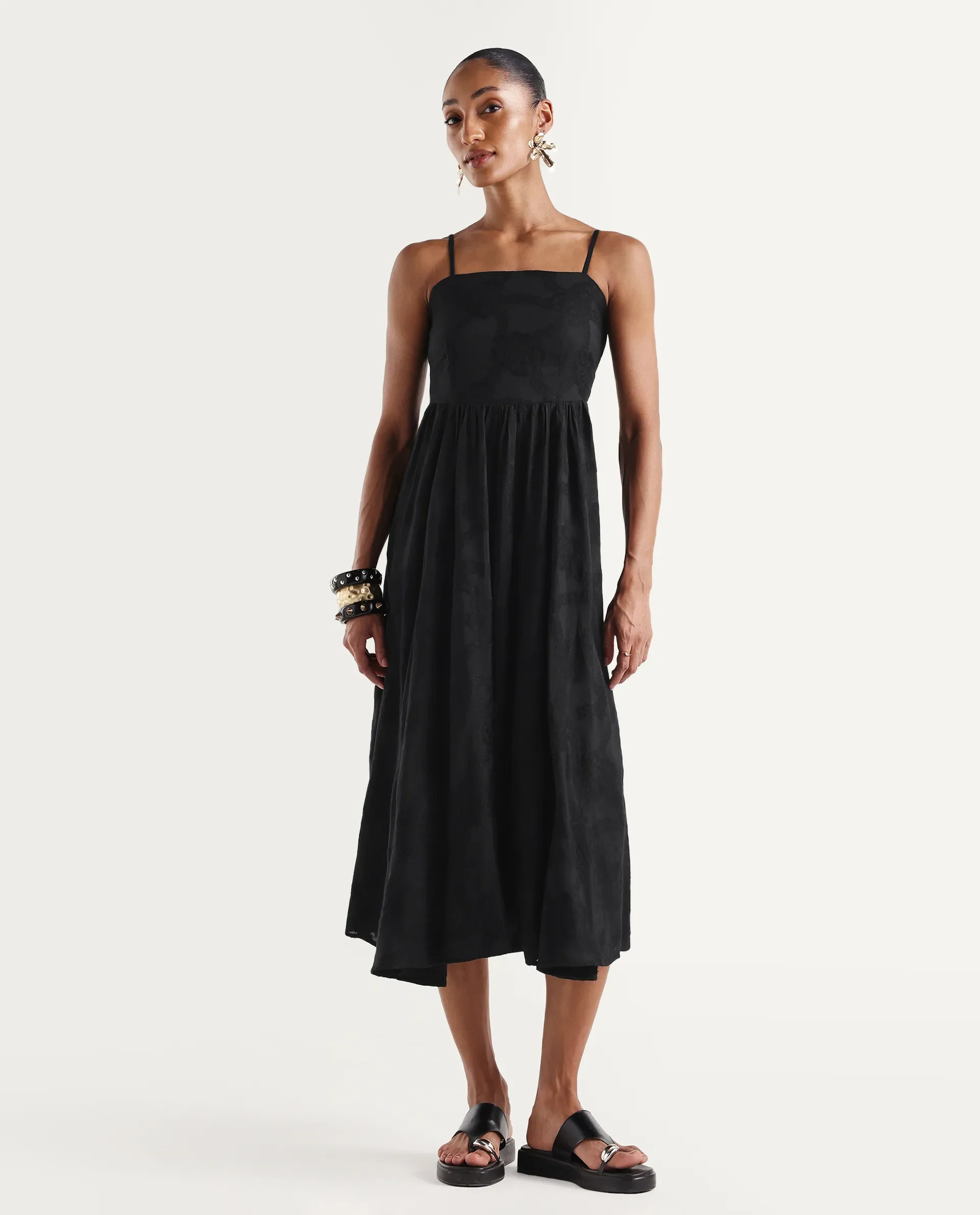 Rareism Women's Dosthu Black Viscose Blend Tube Elastic Fit And Flare Jacquard Print Dress - Image 3
