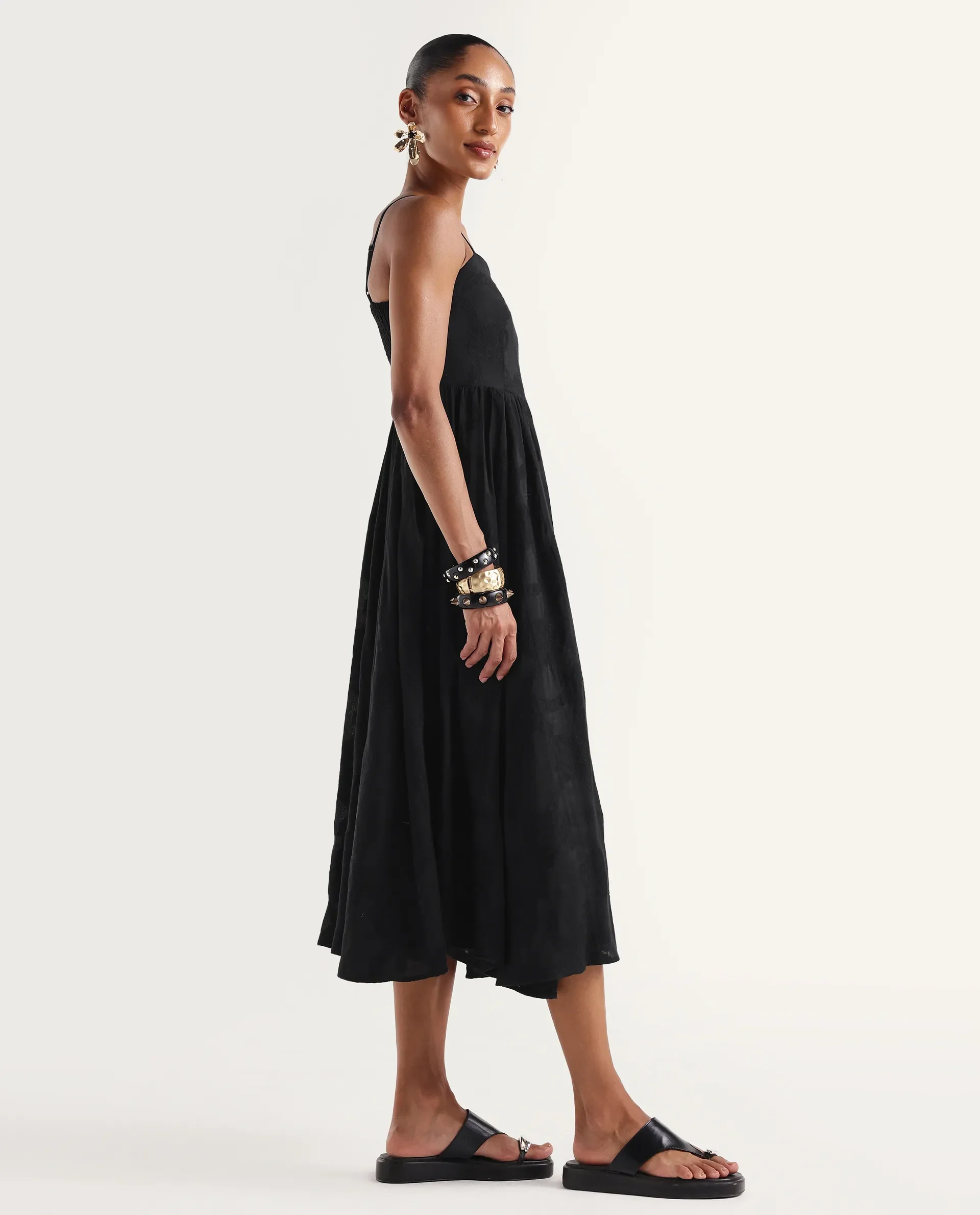 Rareism Women's Dosthu Black Viscose Blend Tube Elastic Fit And Flare Jacquard Print Dress - Image 6