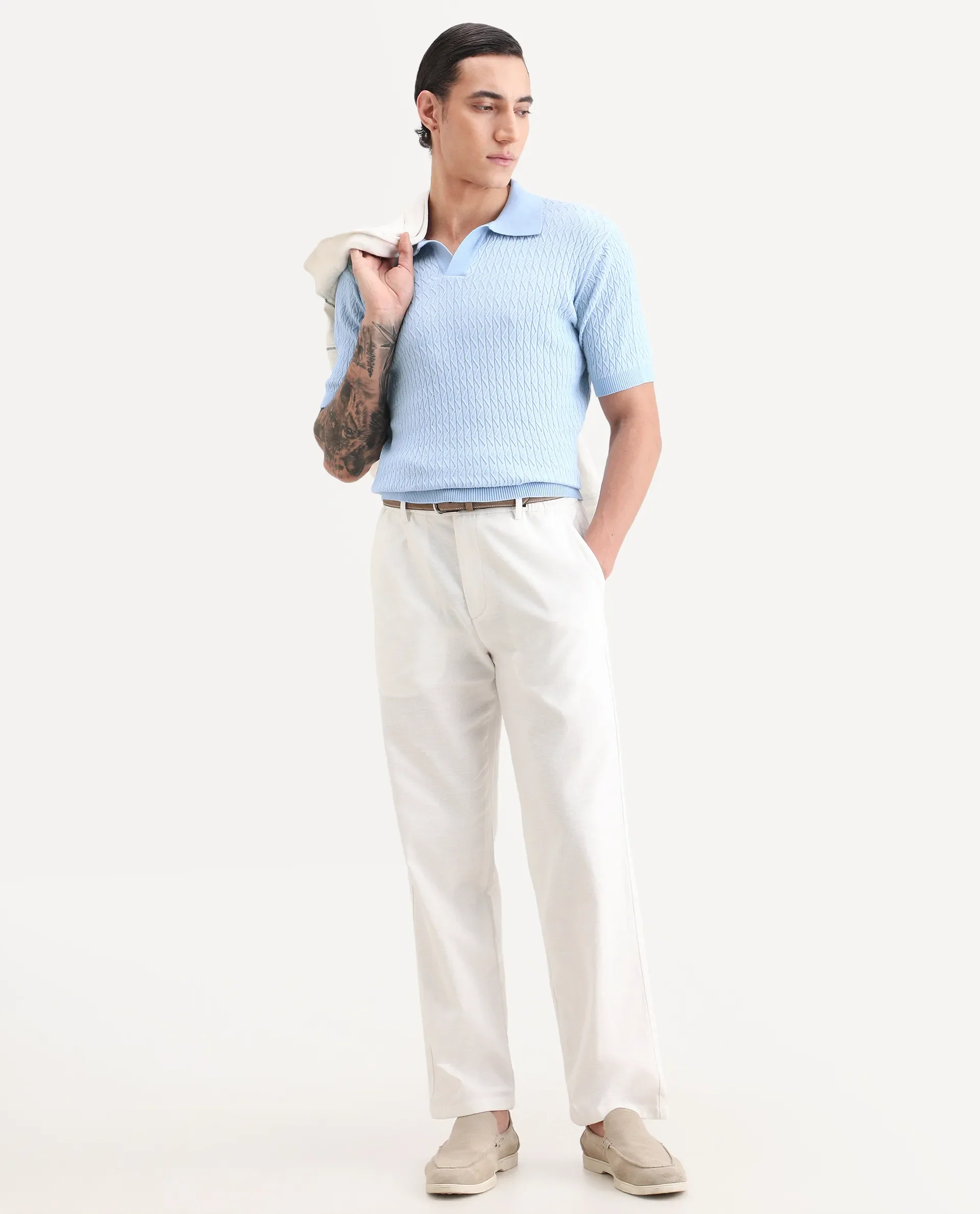 Rare Rabbit Men's Dot Light Blue Cotton Fabric Full Sleeve Regular Fit Textured Polo - Image 2