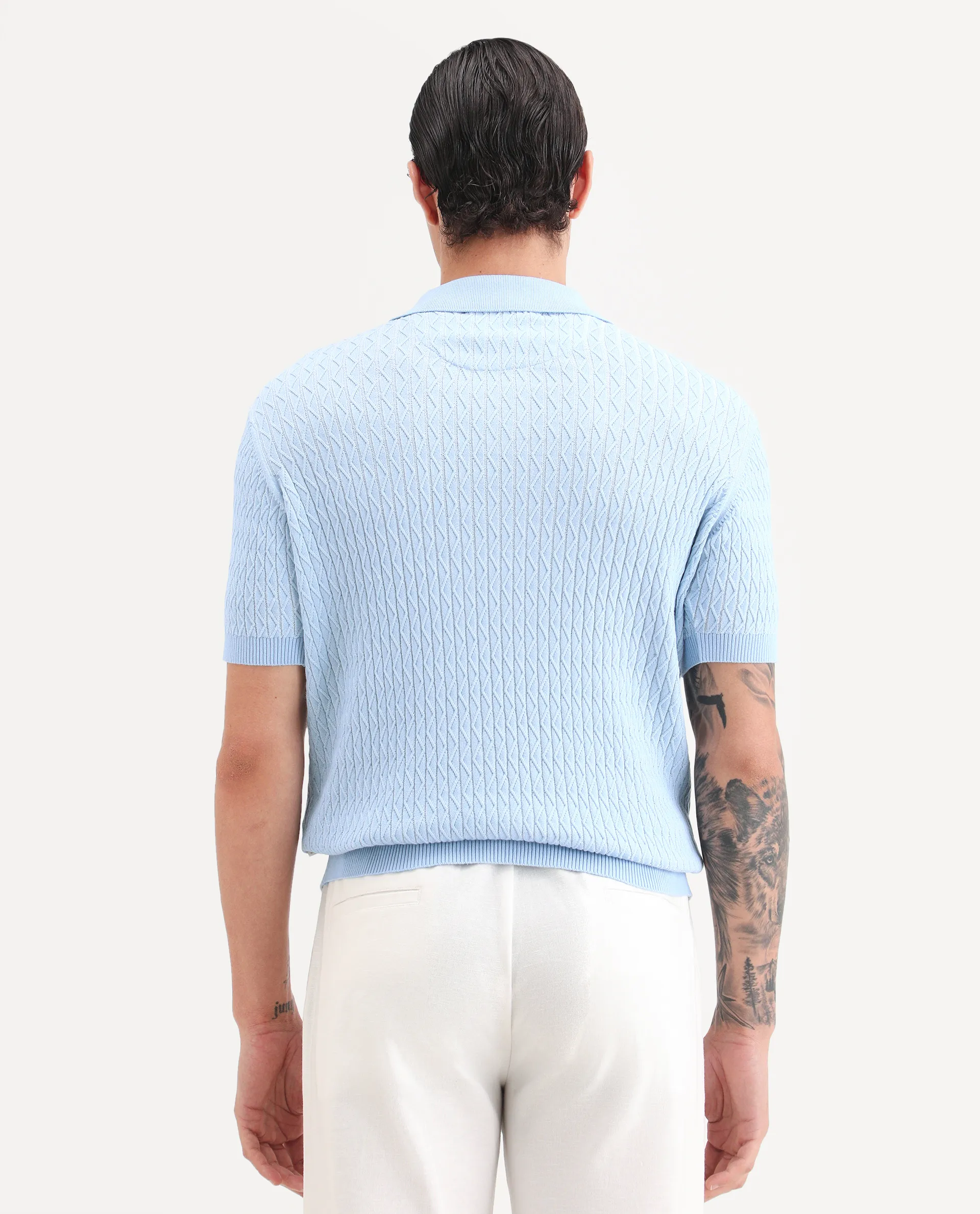 Rare Rabbit Men's Dot Light Blue Cotton Fabric Full Sleeve Regular Fit Textured Polo - Image 3