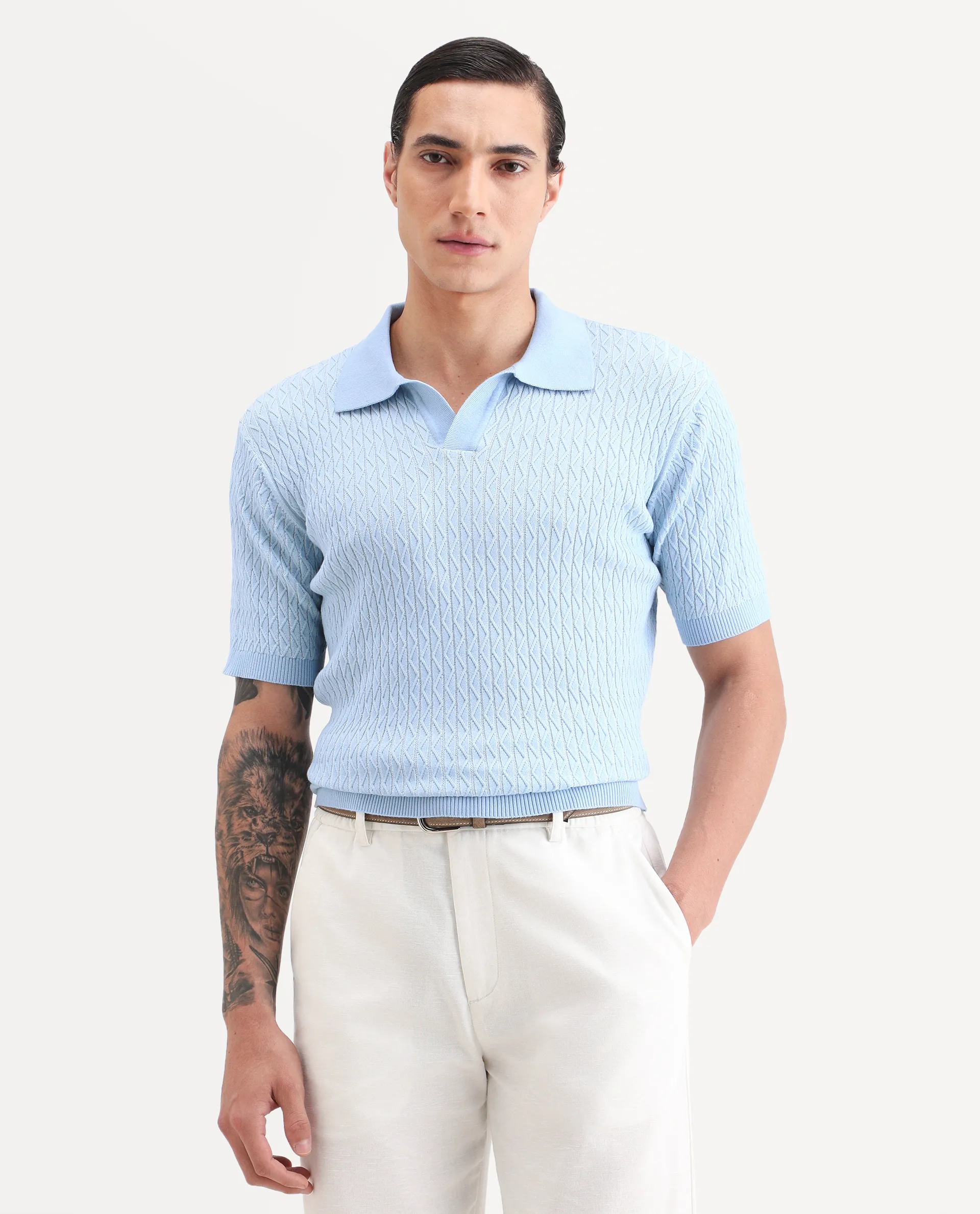 Rare Rabbit Men's Dot Light Blue Cotton Fabric Full Sleeve Regular Fit Textured Polo - Image 4