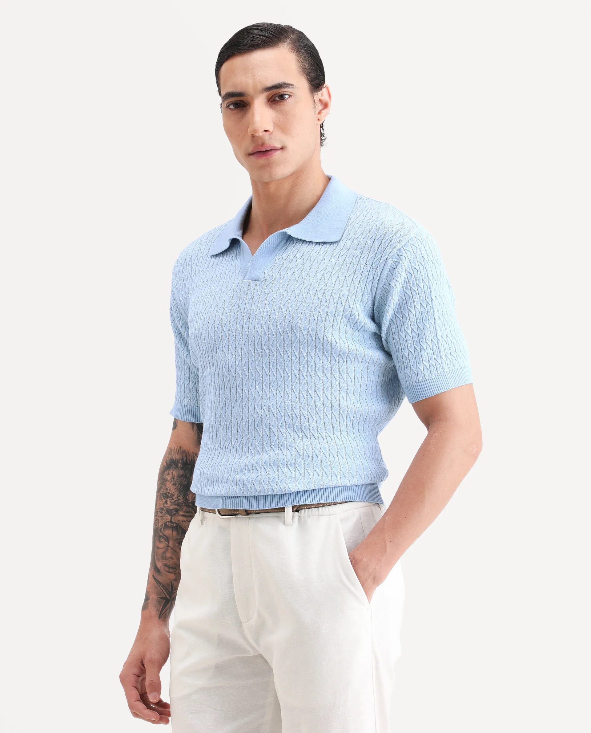 Rare Rabbit Men's Dot Light Blue Cotton Fabric Full Sleeve Regular Fit Textured Polo - Image 5