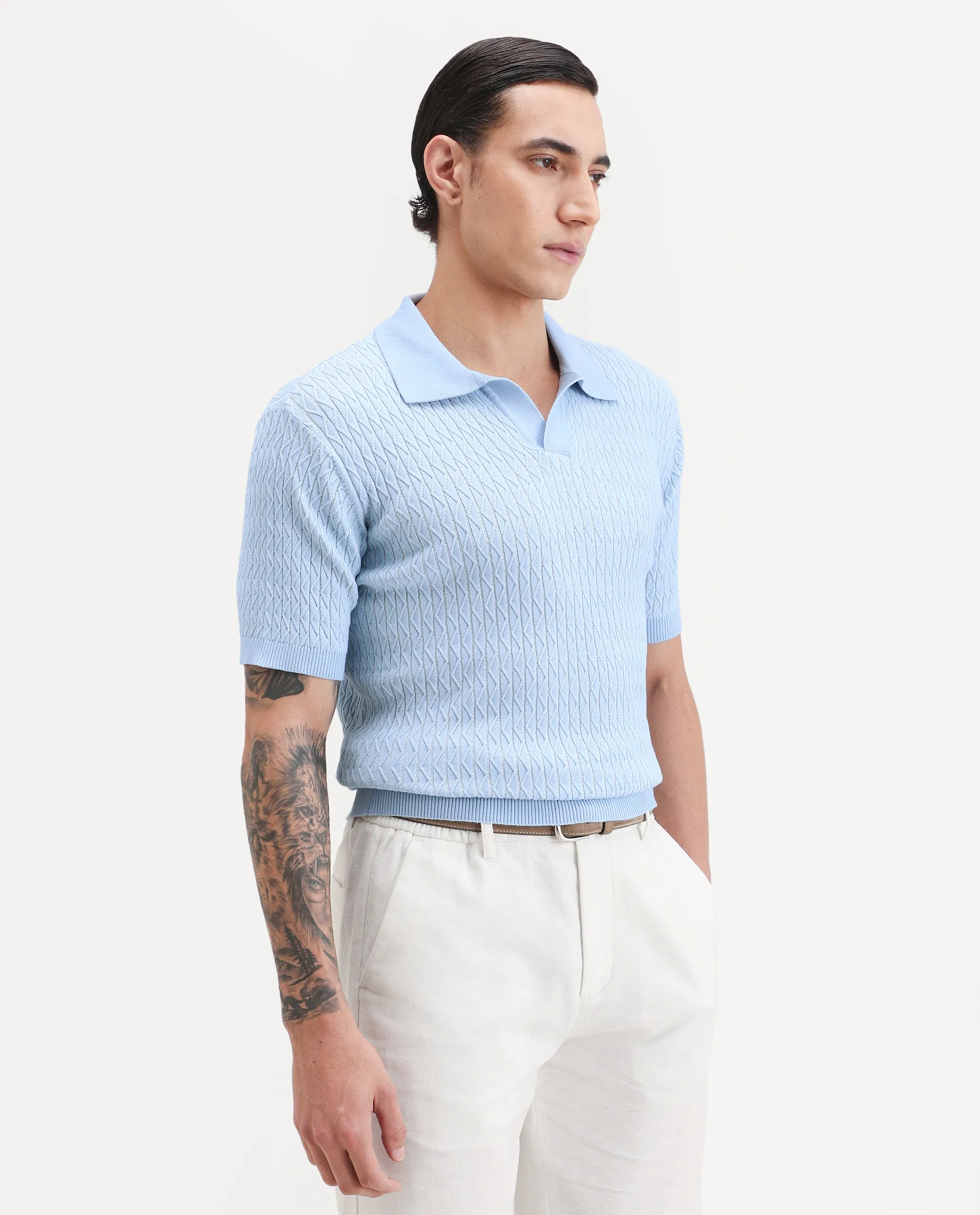 Rare Rabbit Men's Dot Light Blue Cotton Fabric Full Sleeve Regular Fit Textured Polo - Image 6