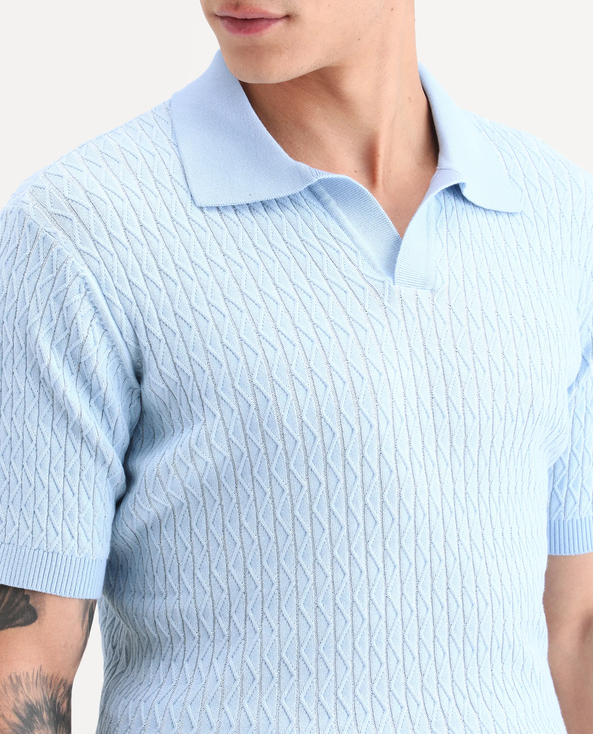 Rare Rabbit Men's Dot Light Blue Cotton Fabric Full Sleeve Regular Fit Textured Polo - Image 7