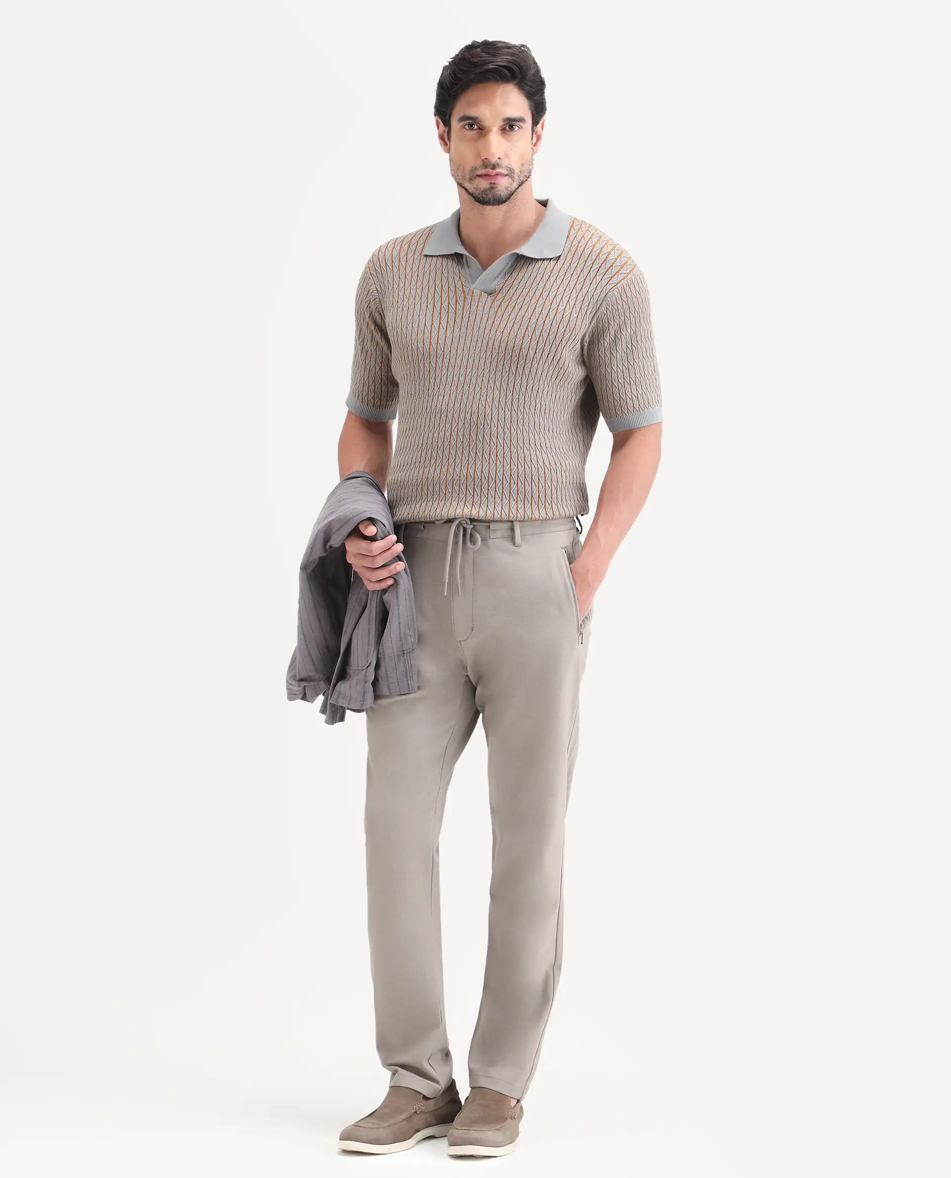 Rare Rabbit Men's Dot Light Grey Cotton Fabric Full Sleeve Regular Fit Textured Polo - Image 2