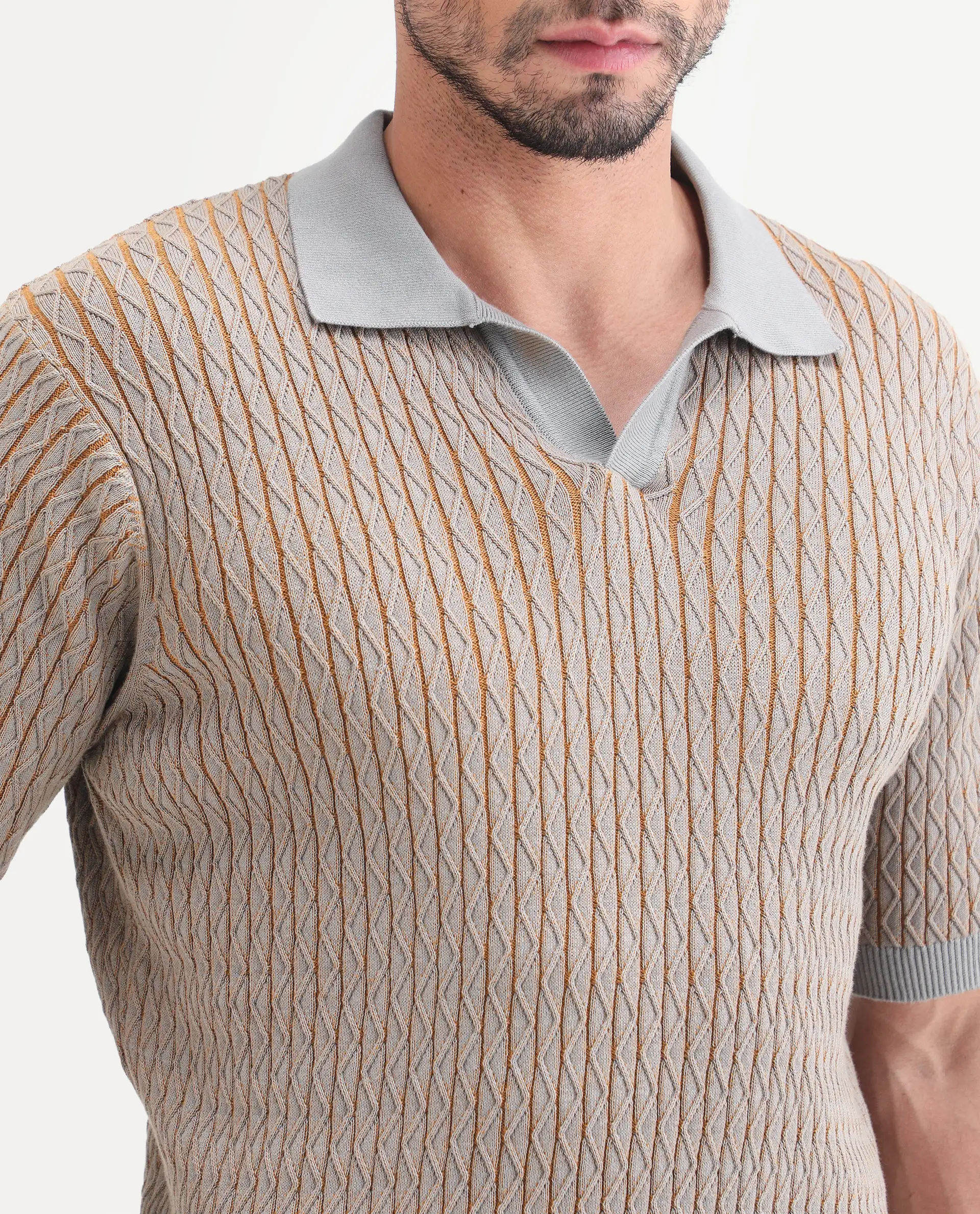 Rare Rabbit Men's Dot Light Grey Cotton Fabric Full Sleeve Regular Fit Textured Polo - Image 3