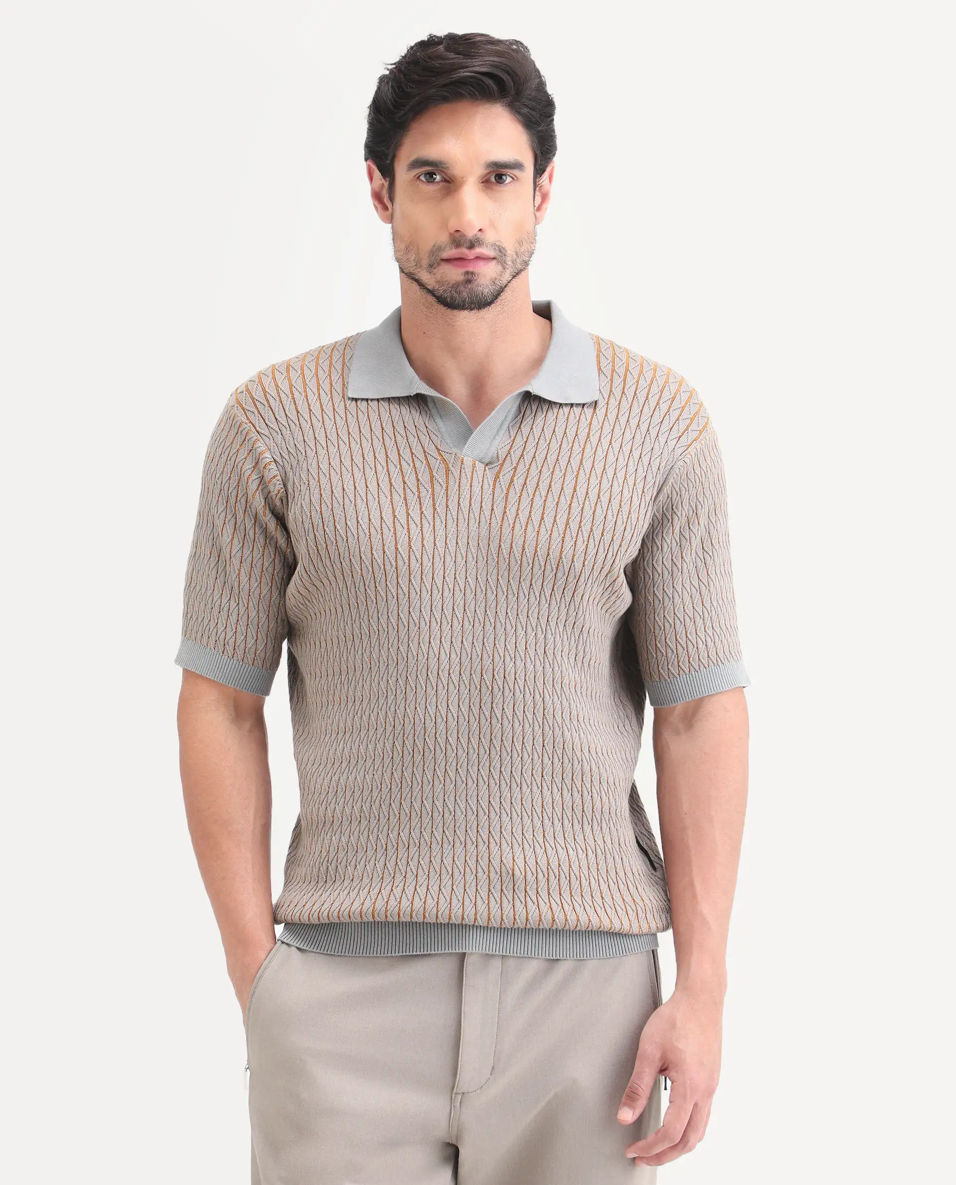 Rare Rabbit Men's Dot Light Grey Cotton Fabric Full Sleeve Regular Fit Textured Polo - Image 4