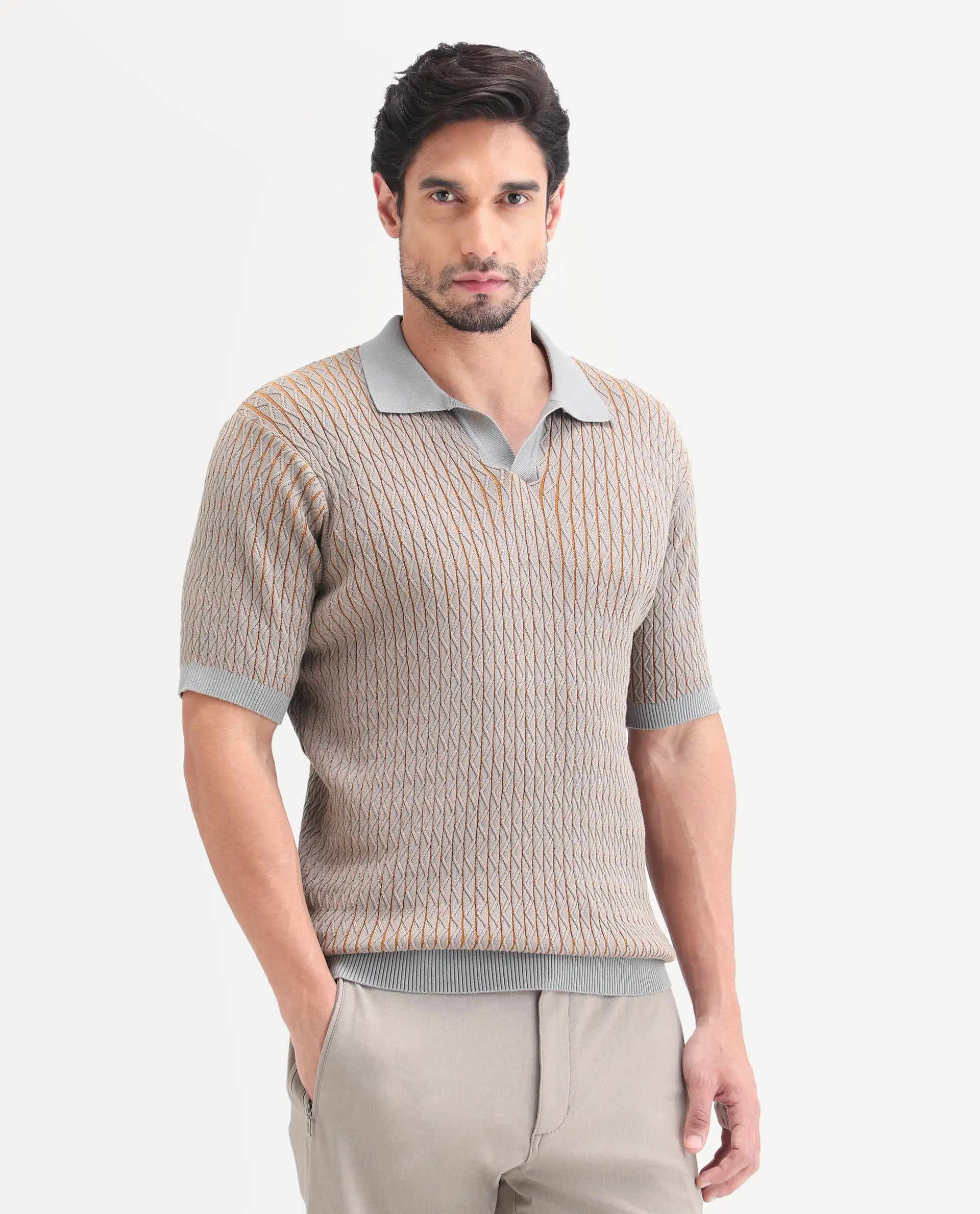 Rare Rabbit Men's Dot Light Grey Cotton Fabric Full Sleeve Regular Fit Textured Polo - Image 5