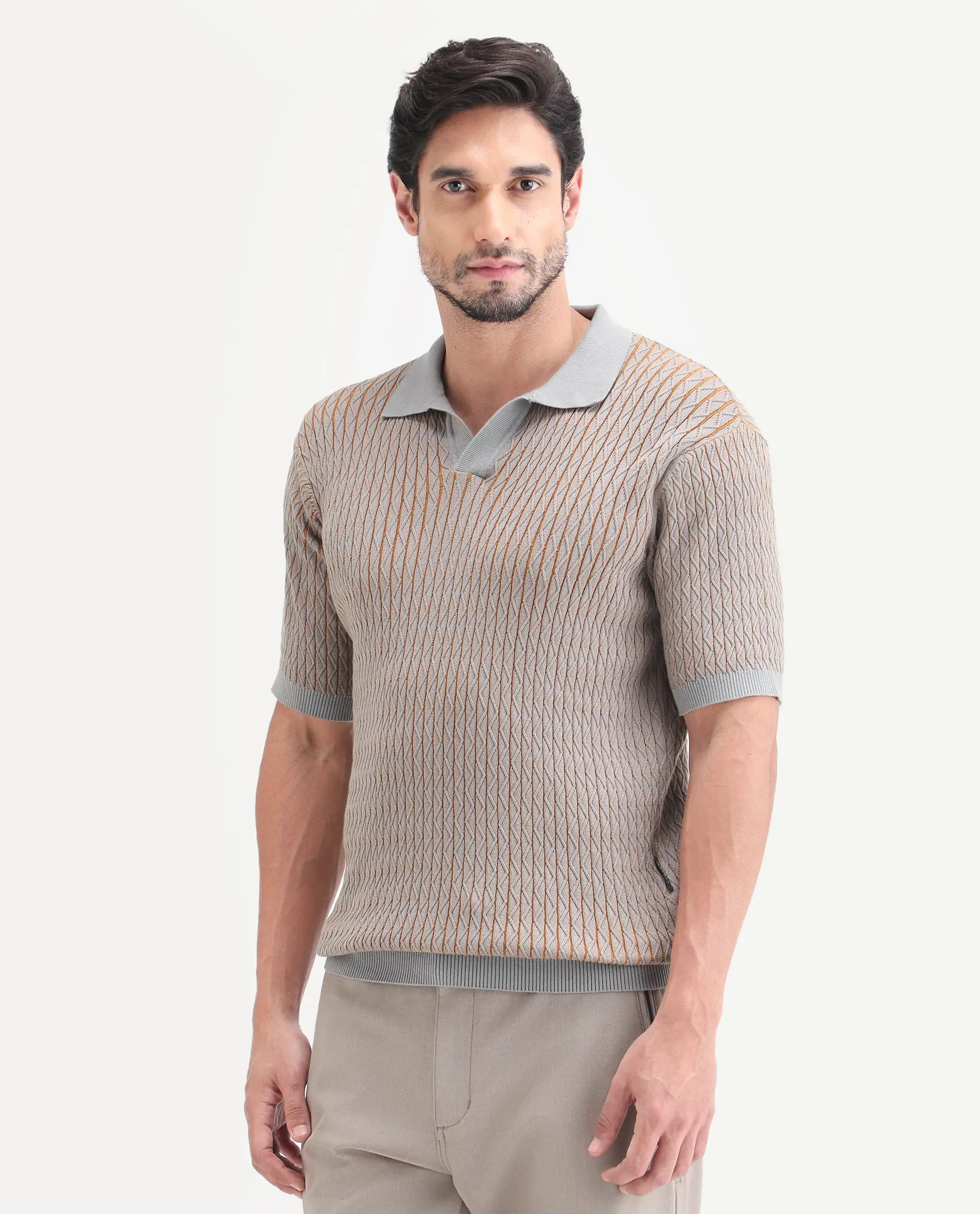 Rare Rabbit Men's Dot Light Grey Cotton Fabric Full Sleeve Regular Fit Textured Polo - Image 6
