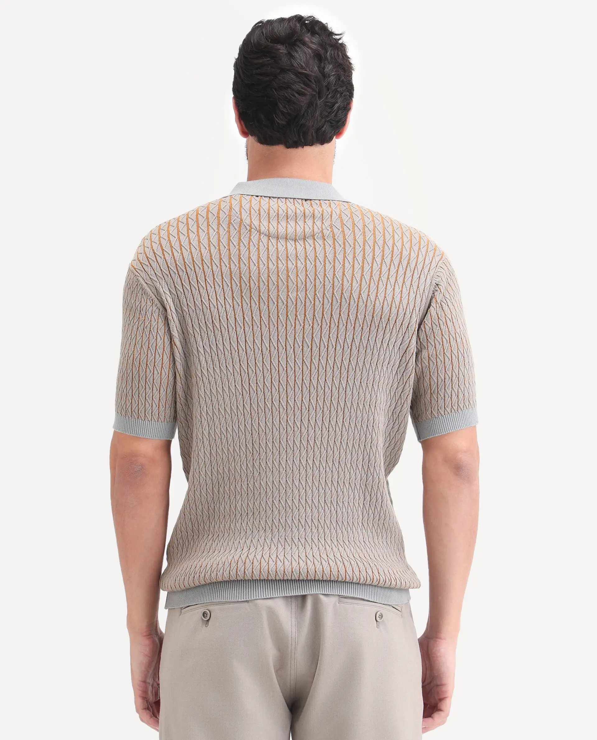 Rare Rabbit Men's Dot Light Grey Cotton Fabric Full Sleeve Regular Fit Textured Polo - Image 7
