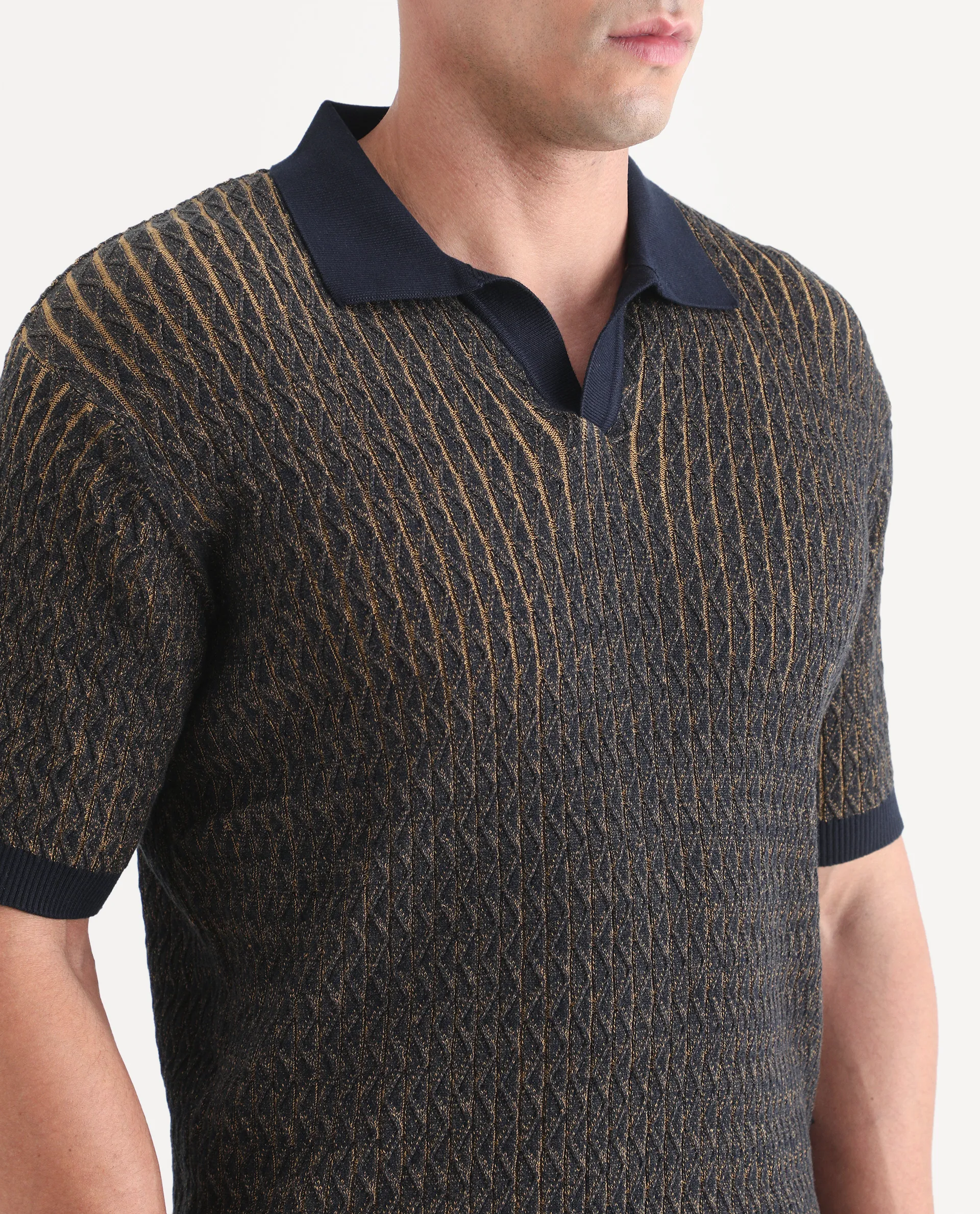 Rare Rabbit Men's Dot Navy Cotton Fabric Half Sleeve Regular Fit Textured Polo - Image 3