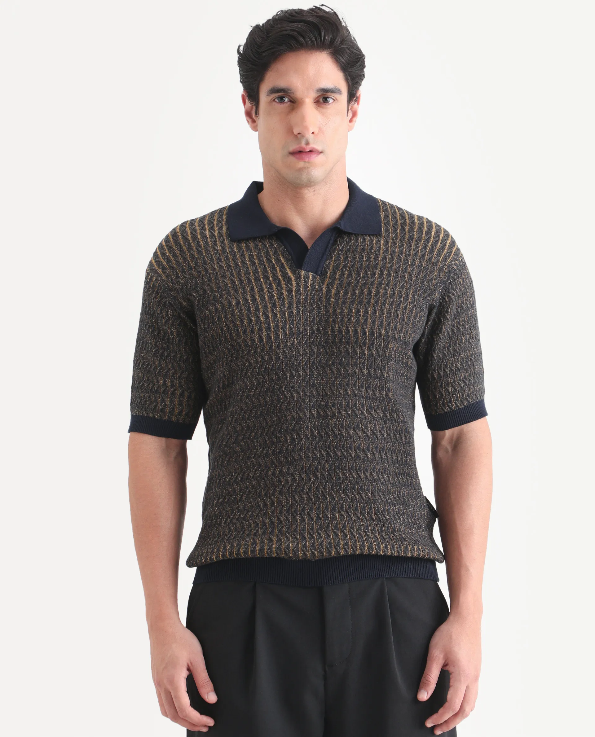 Rare Rabbit Men's Dot Navy Cotton Fabric Half Sleeve Regular Fit Textured Polo - Image 4