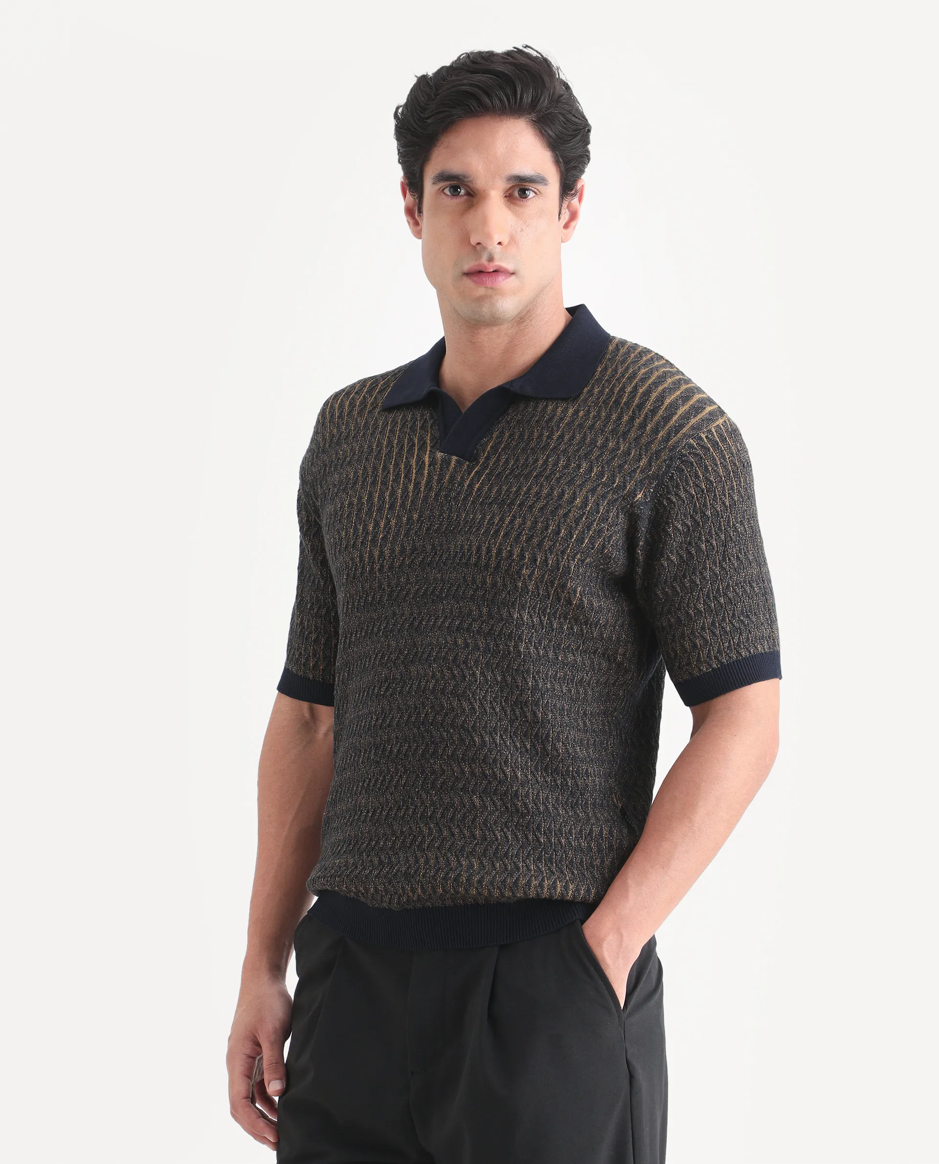 Rare Rabbit Men's Dot Navy Cotton Fabric Half Sleeve Regular Fit Textured Polo - Image 5