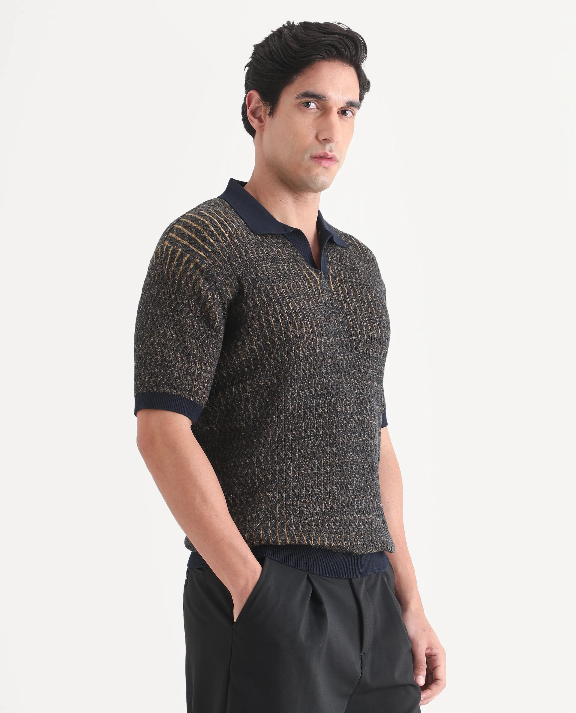 Rare Rabbit Men's Dot Navy Cotton Fabric Half Sleeve Regular Fit Textured Polo - Image 6
