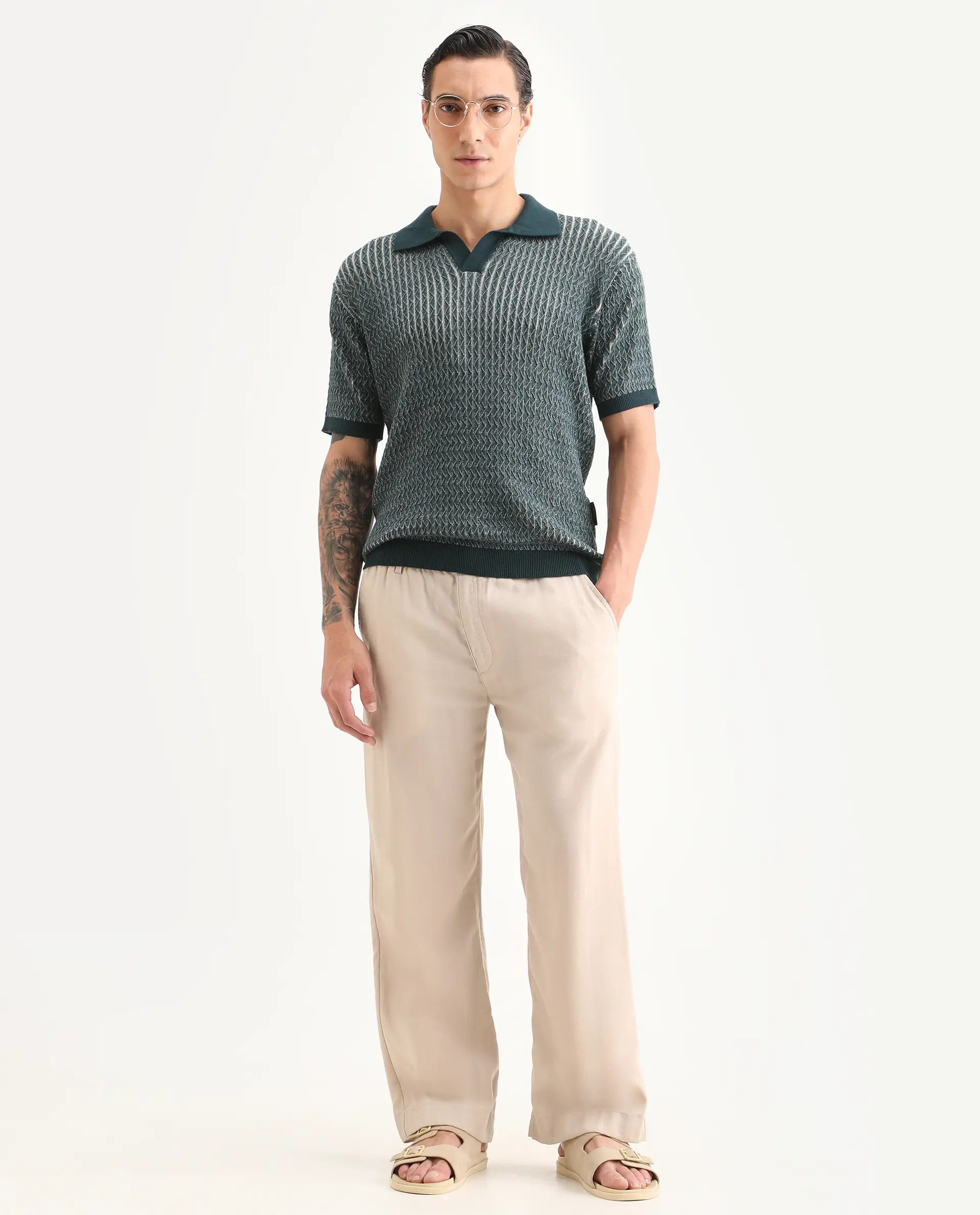 Rare Rabbit Men's Dot Petrol Cotton Fabric Full Sleeve Regular Fit Textured Polo - Image 2