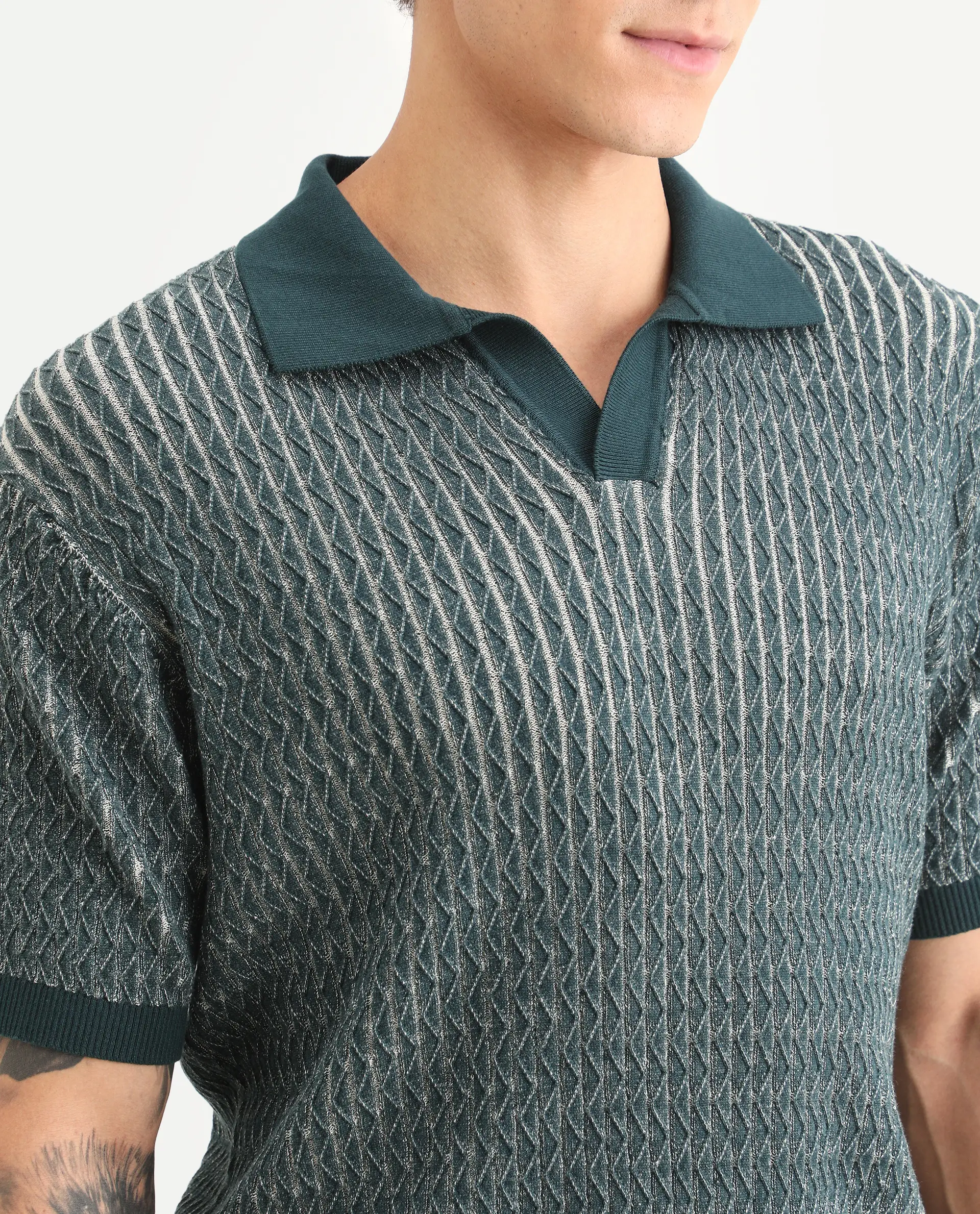 Rare Rabbit Men's Dot Petrol Cotton Fabric Full Sleeve Regular Fit Textured Polo - Image 3