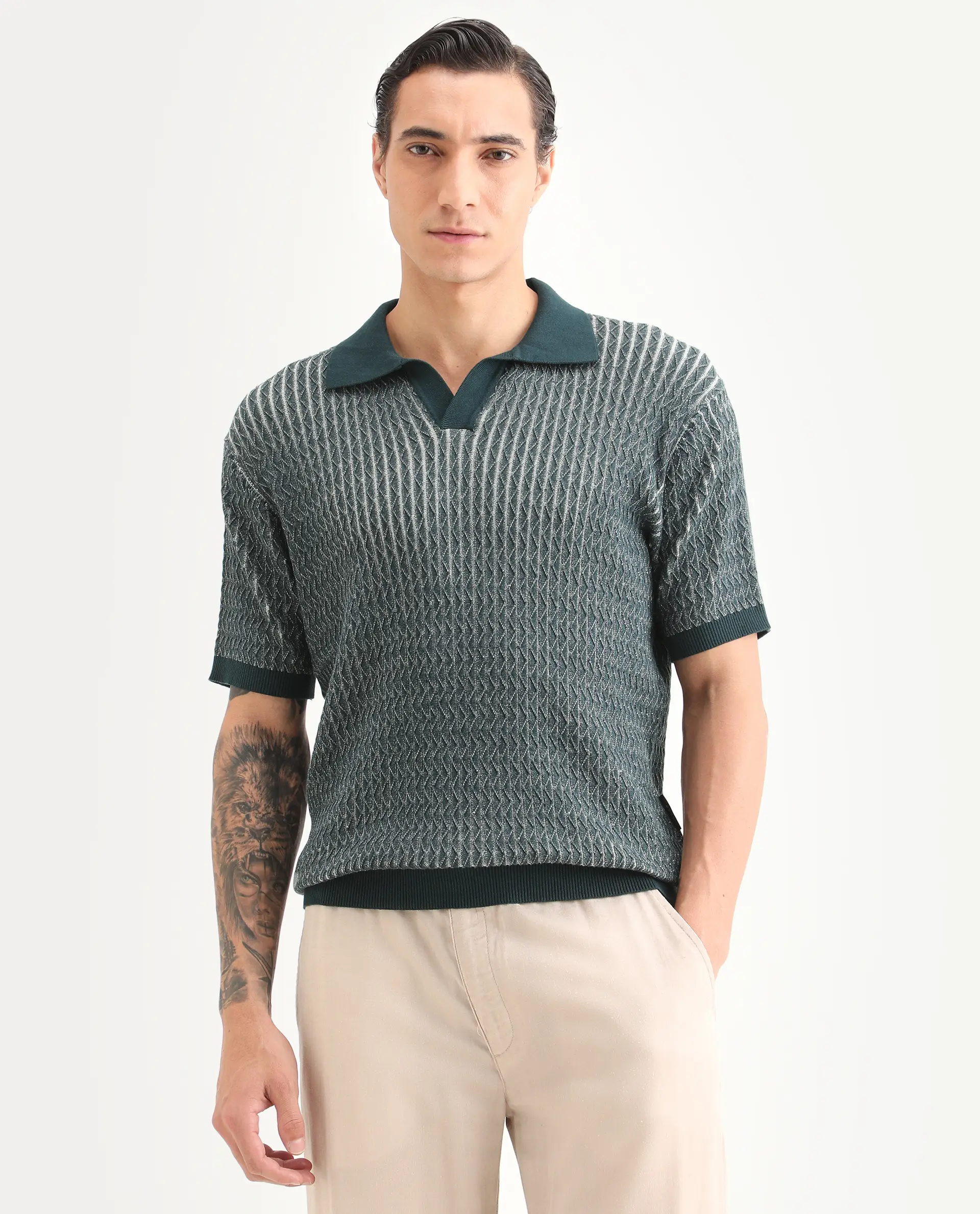 Rare Rabbit Men's Dot Petrol Cotton Fabric Full Sleeve Regular Fit Textured Polo - Image 4