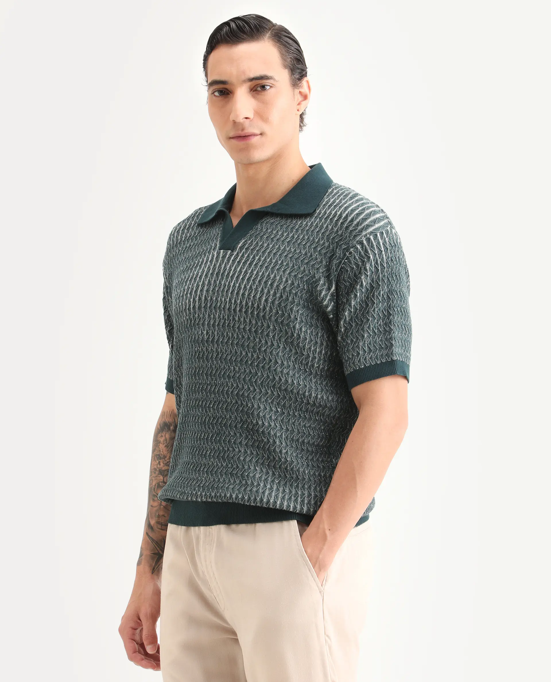 Rare Rabbit Men's Dot Petrol Cotton Fabric Full Sleeve Regular Fit Textured Polo - Image 5