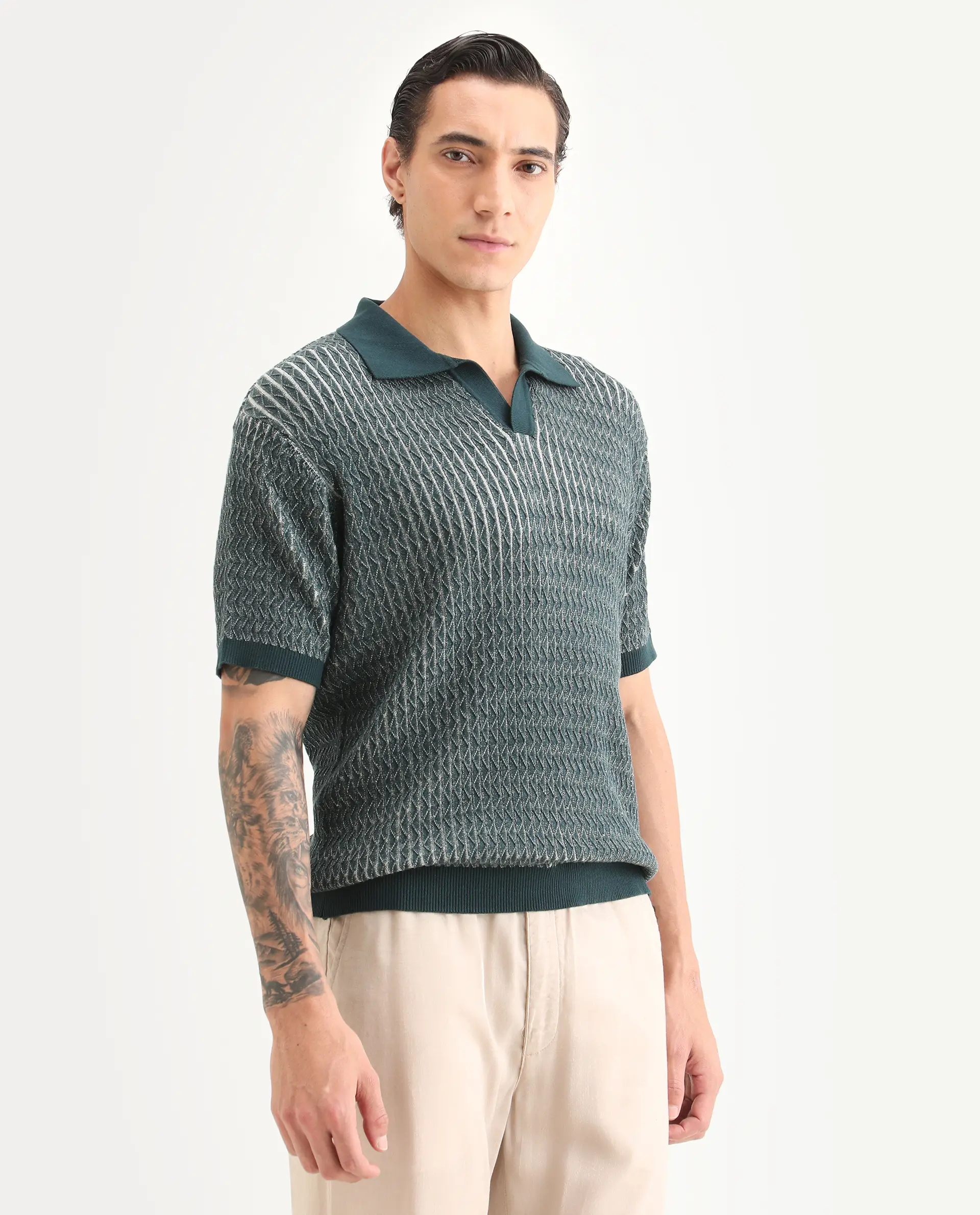 Rare Rabbit Men's Dot Petrol Cotton Fabric Full Sleeve Regular Fit Textured Polo - Image 6