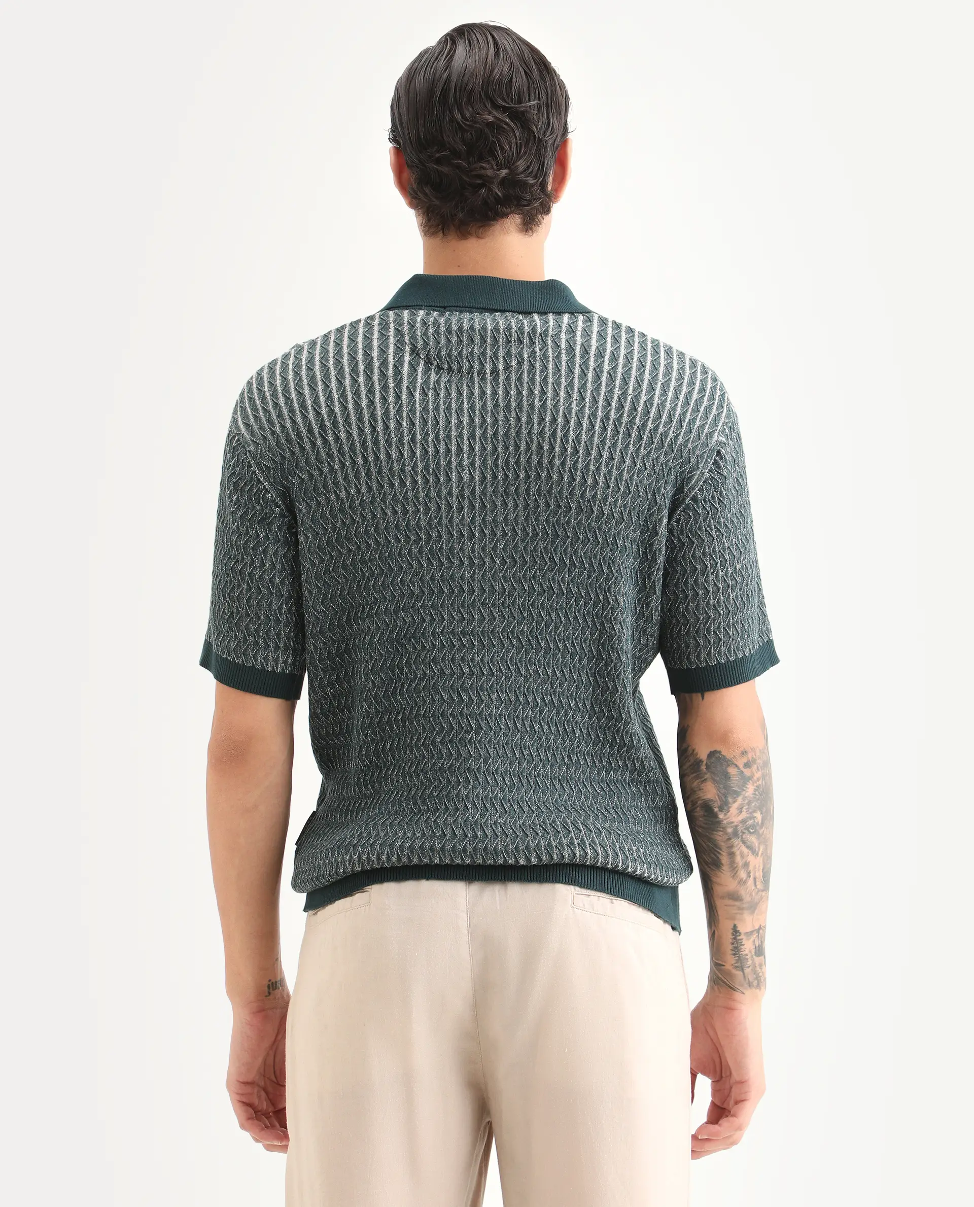 Rare Rabbit Men's Dot Petrol Cotton Fabric Full Sleeve Regular Fit Textured Polo - Image 7