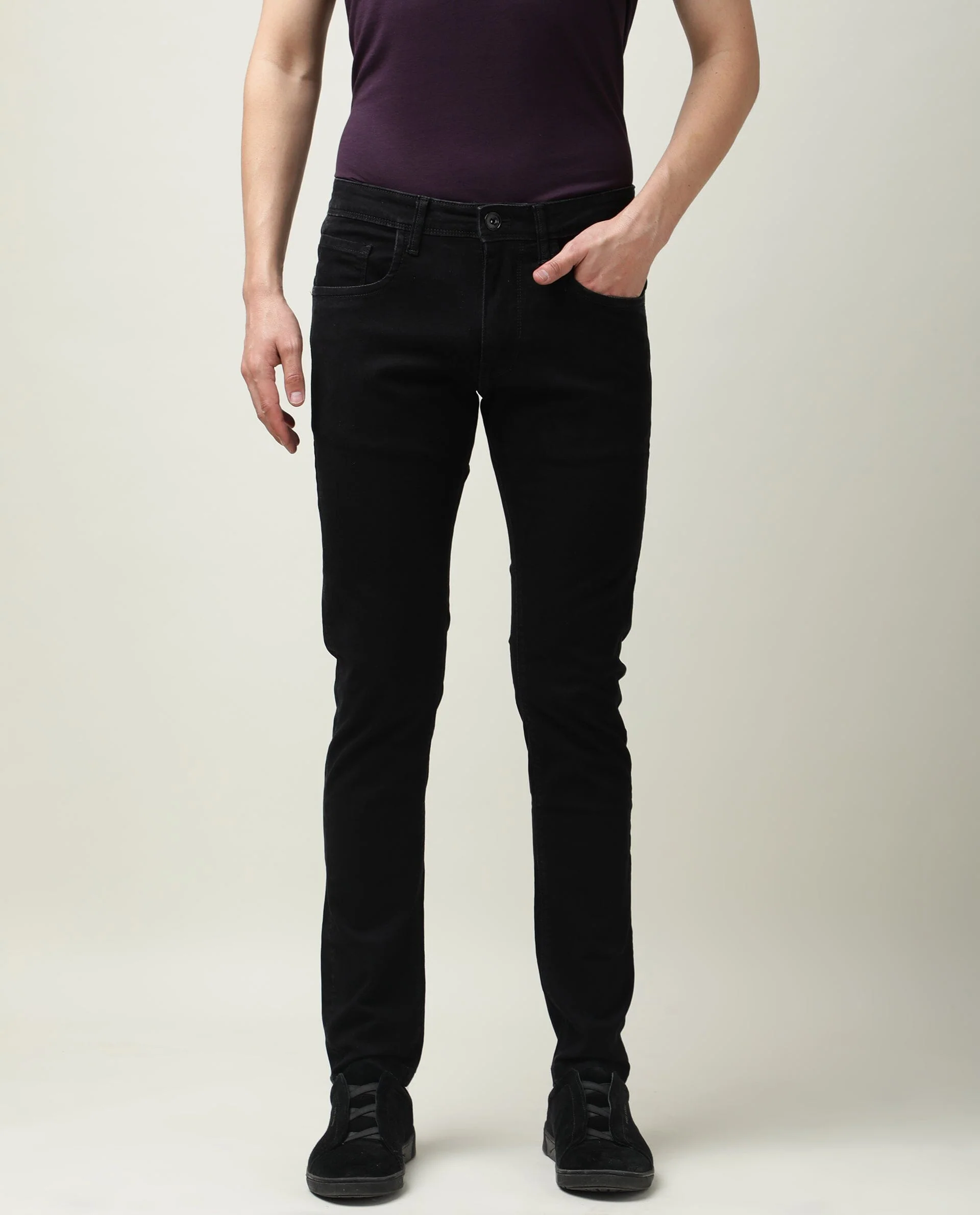 Rare Rabbit Men's Double Black Cotton Plain Hawk Slim Fit Jeans - Image 3