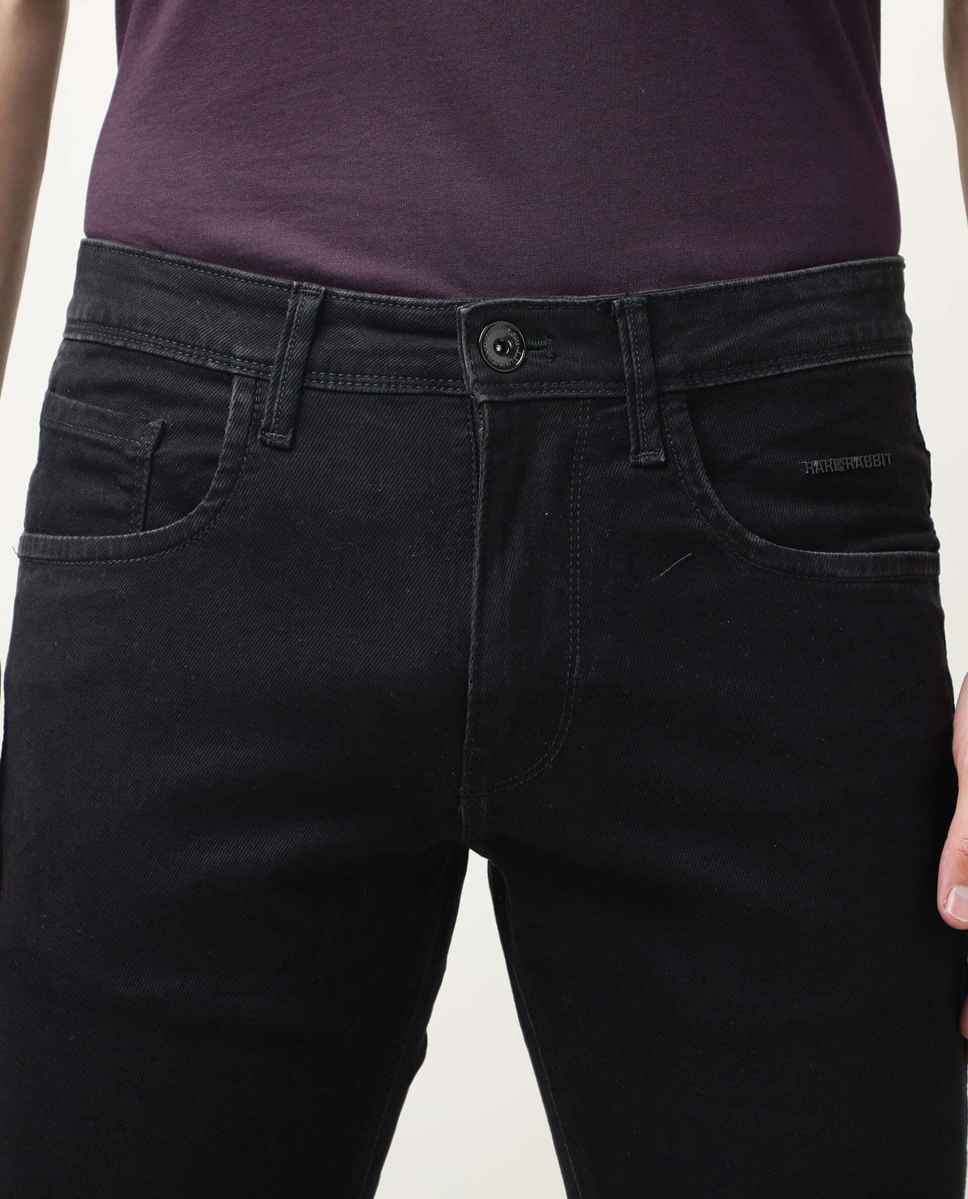 Rare Rabbit Men's Double Black Cotton Plain Hawk Slim Fit Jeans - Image 6