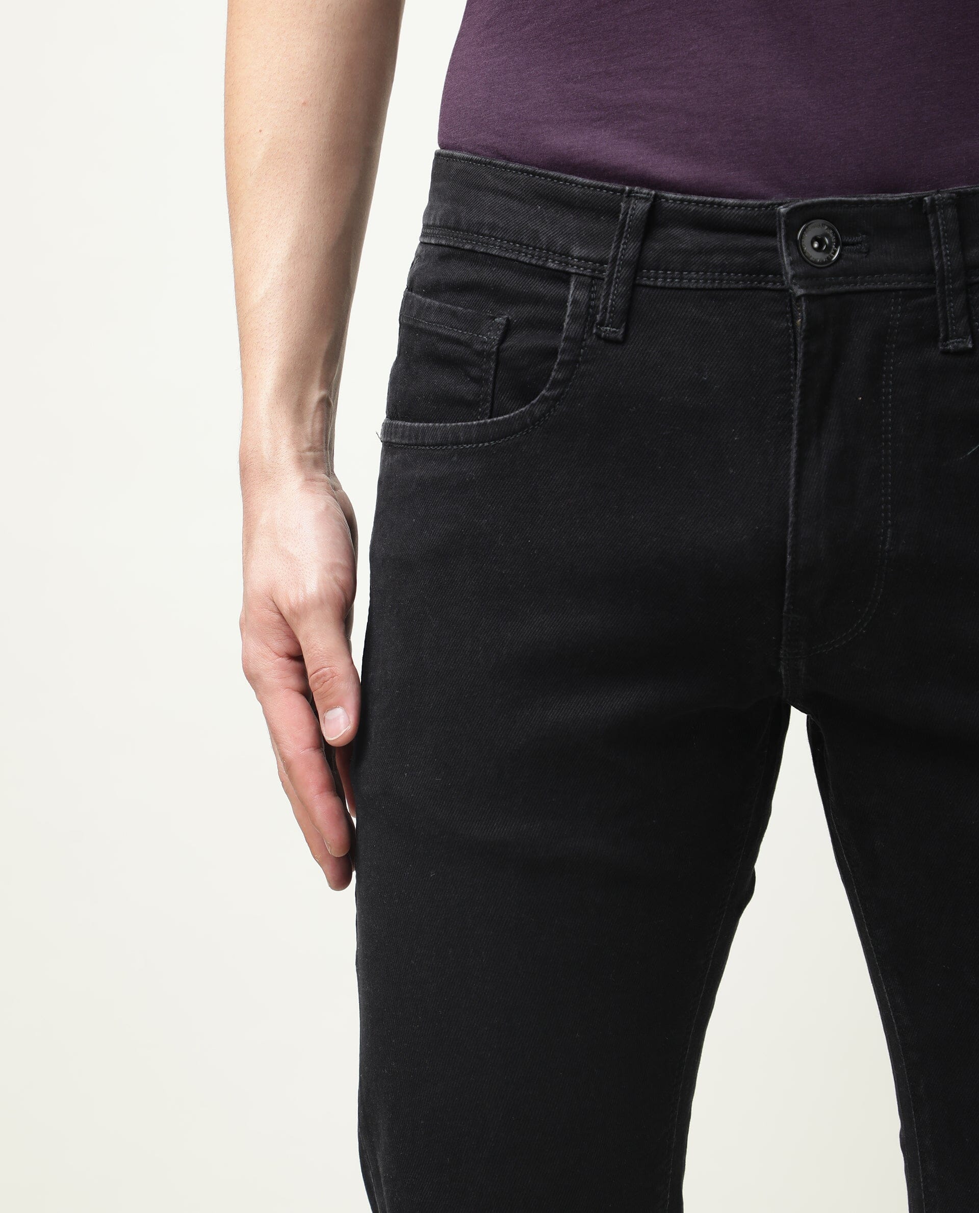 Rare Rabbit Men's Double Black Cotton Plain Hawk Slim Fit Jeans - Image 8
