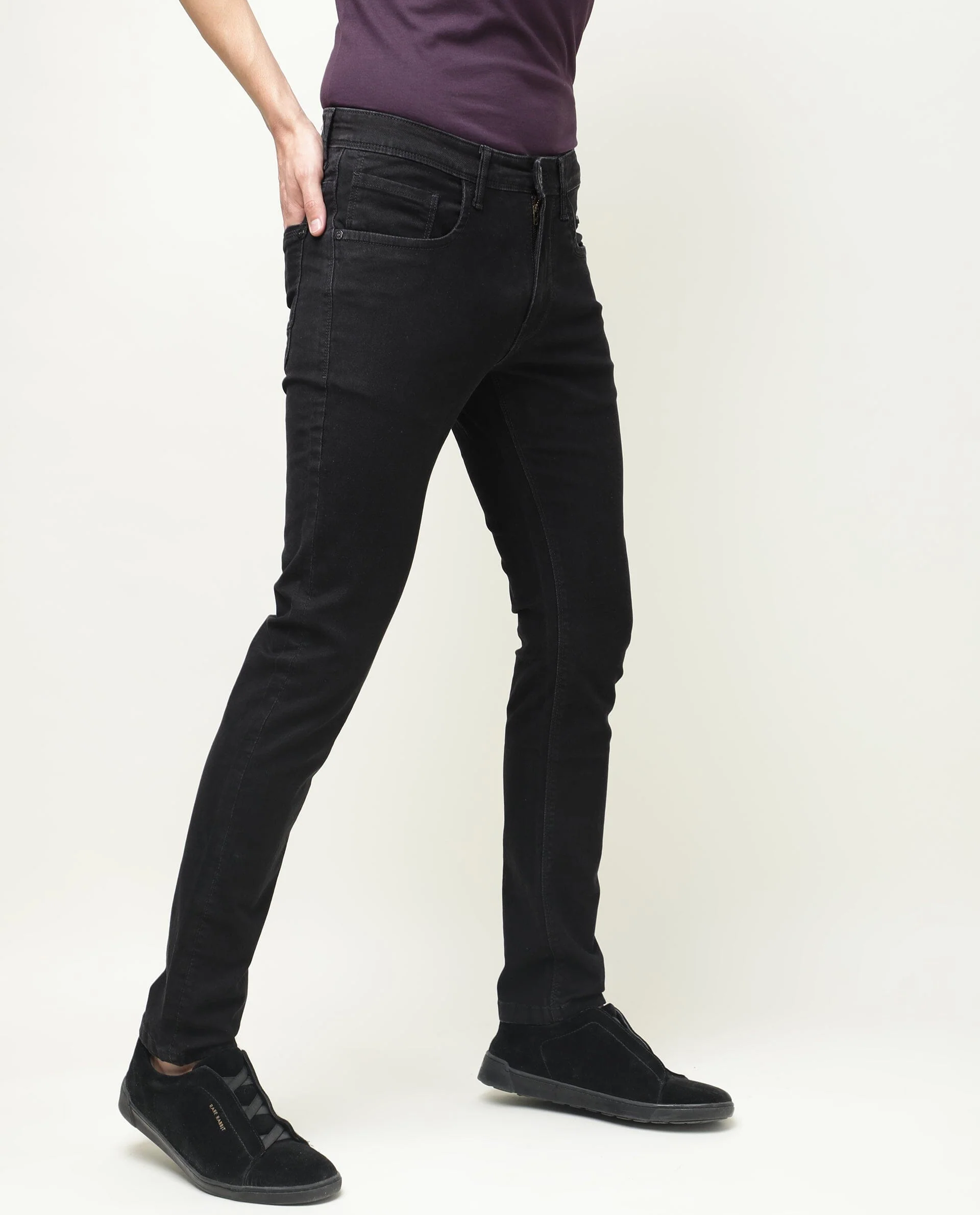 Rare Rabbit Men's Double Black Cotton Plain Hawk Slim Fit Jeans - Image 9