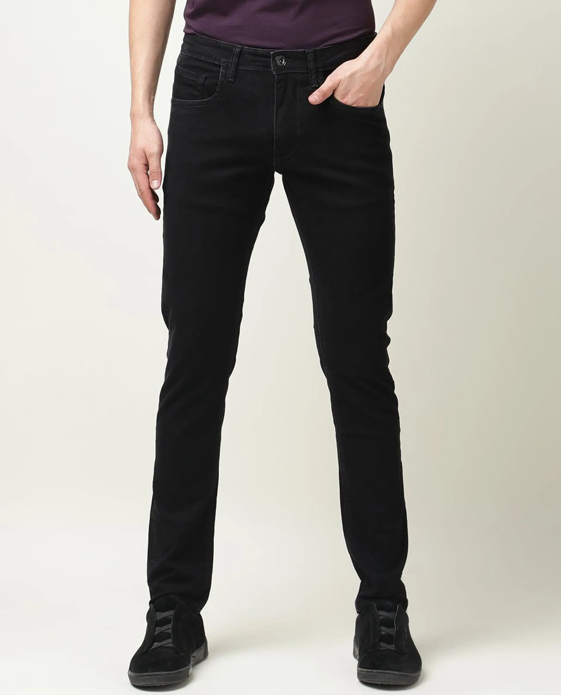 Rare Rabbit Men's Double Black 2 Black Cotton Plain Hawk Slim Fit Jeans - Image 12