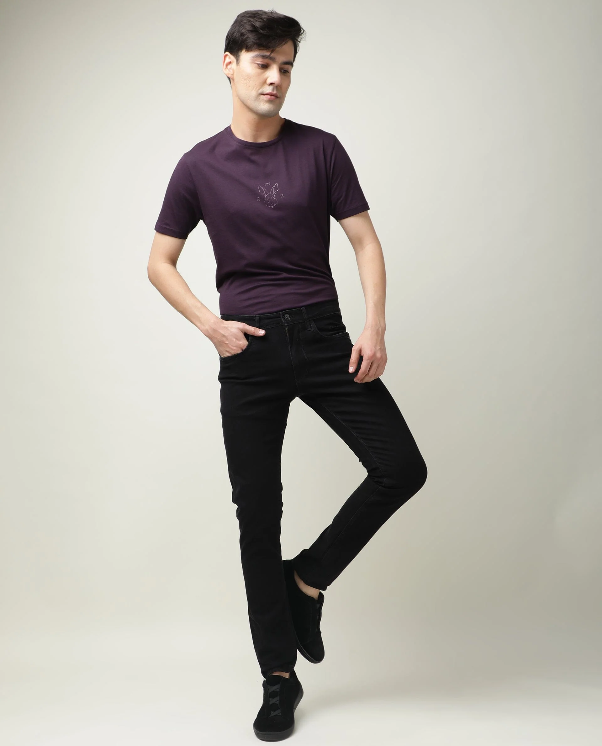 Rare Rabbit Men's Double Black 2 Black Cotton Plain Hawk Slim Fit Jeans - Image 2
