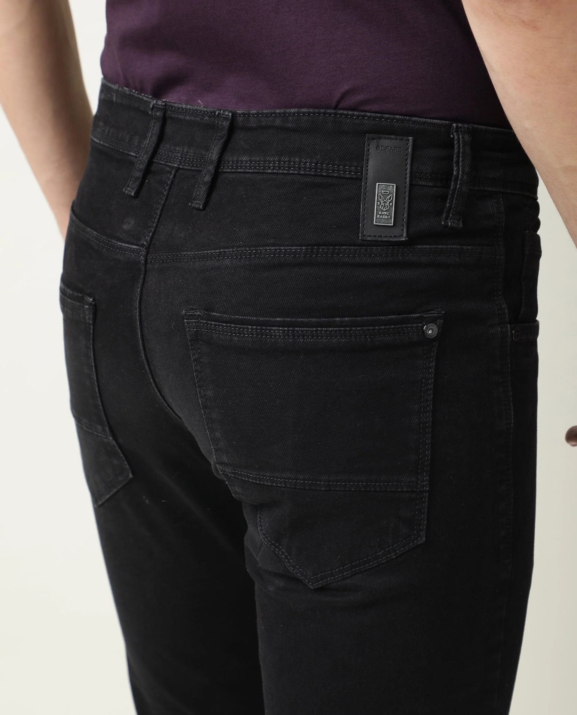 Rare Rabbit Men's Double Black 2 Black Cotton Plain Hawk Slim Fit Jeans - Image 3
