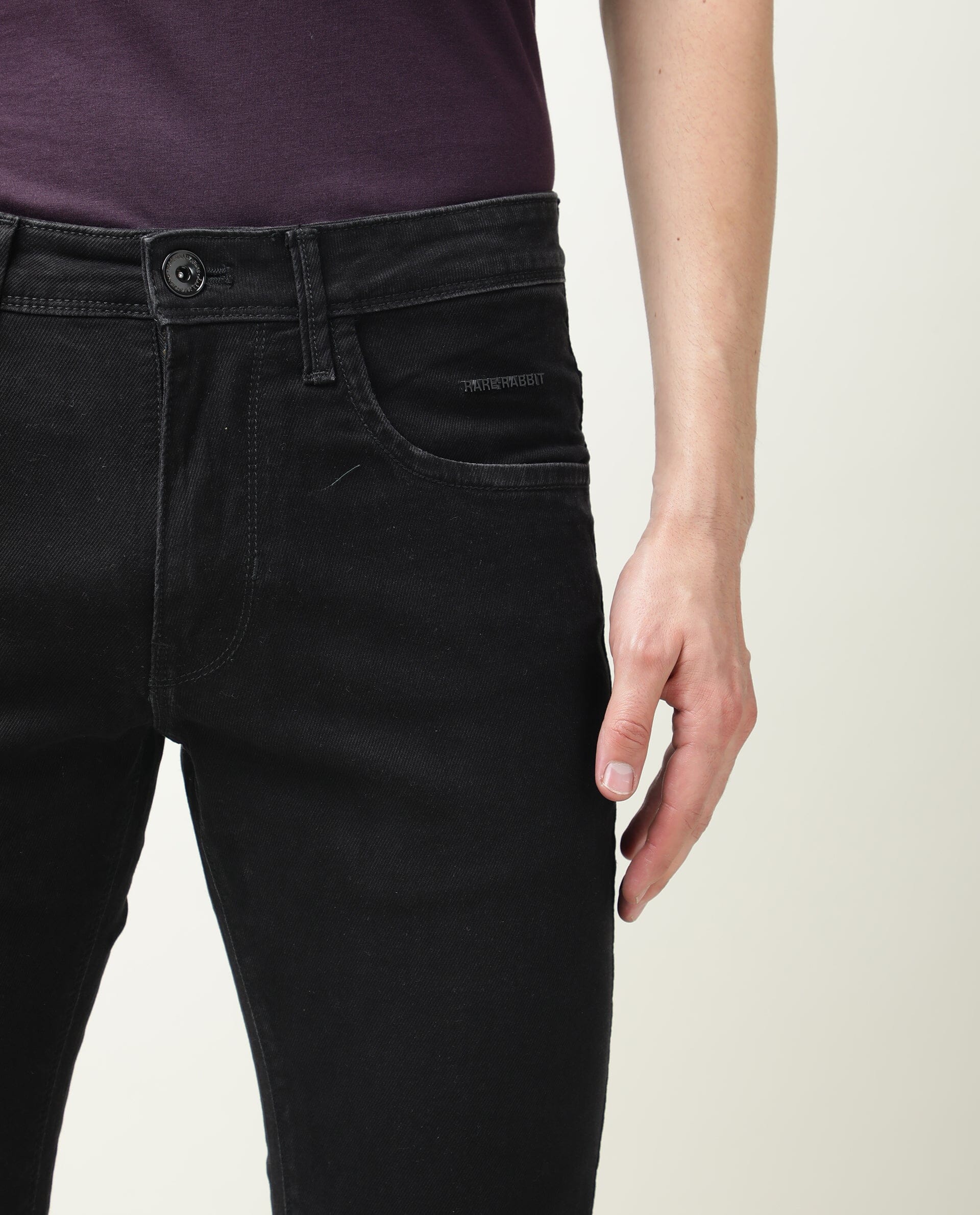 Rare Rabbit Men's Double Black 2 Black Cotton Plain Hawk Slim Fit Jeans - Image 6