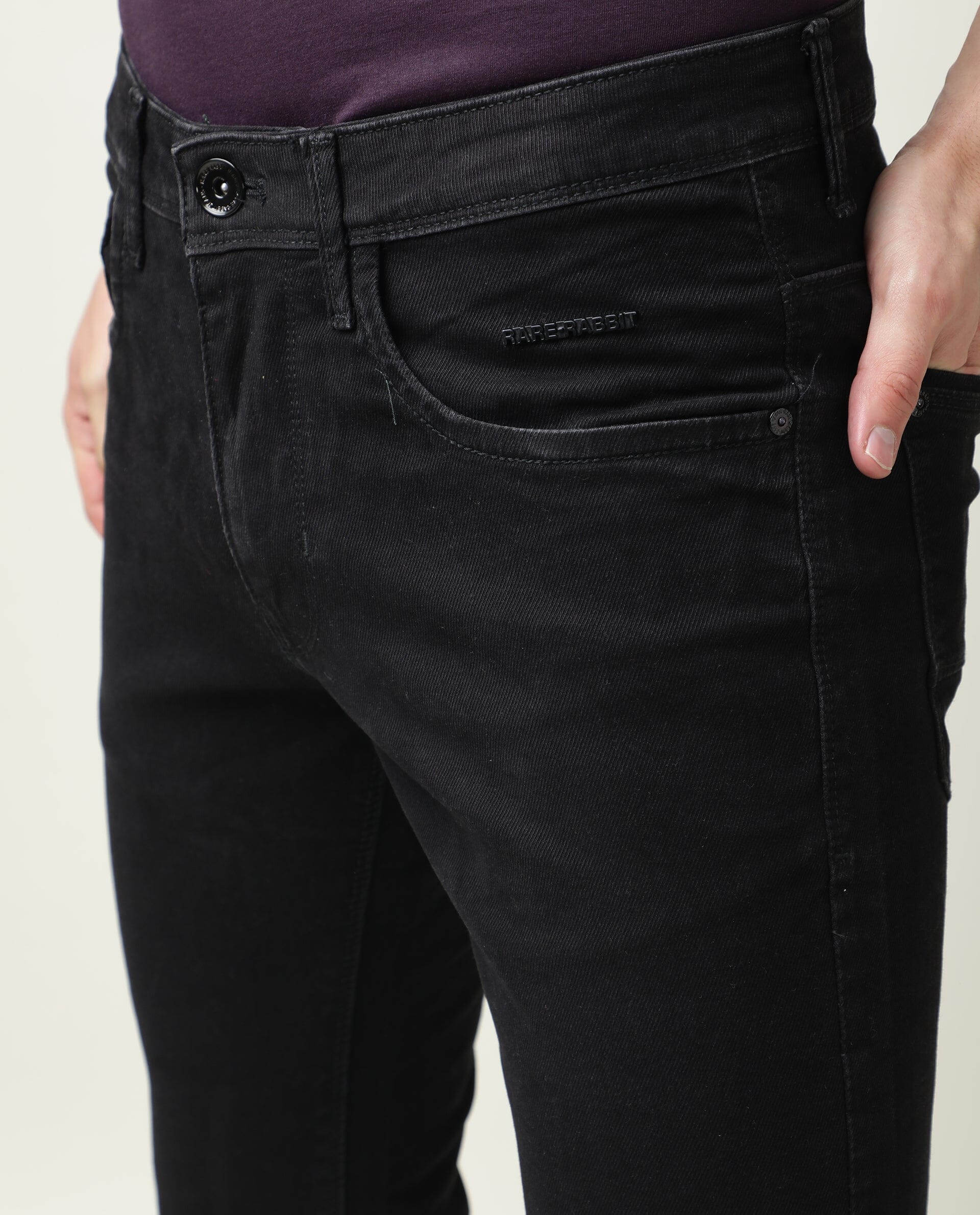 Rare Rabbit Men's Double Black 2 Black Cotton Plain Hawk Slim Fit Jeans - Image 8