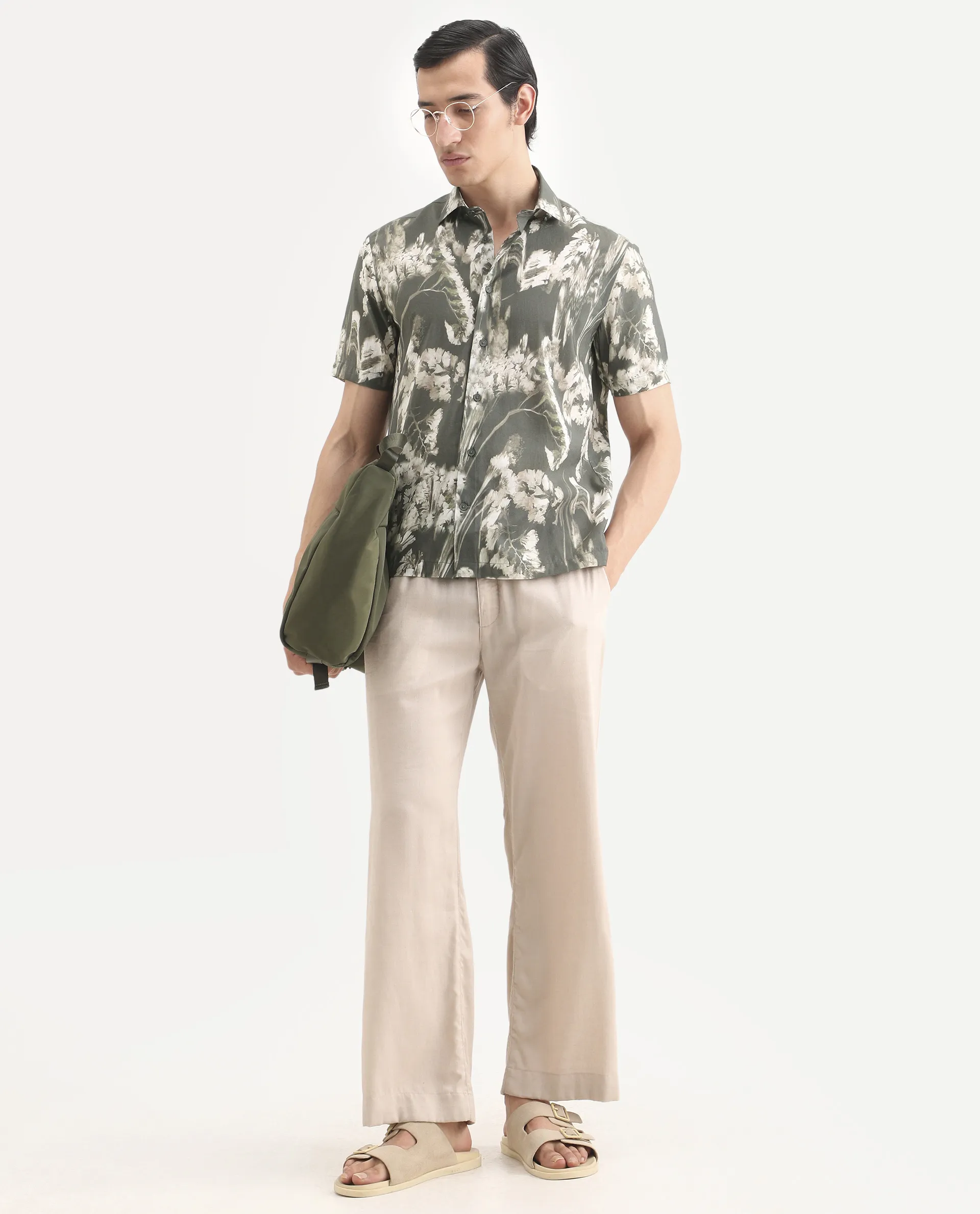 Rare Rabbit Men's Dova Dusky Green Modal Blend Fabric Full Sleeve Spread Collar Regular Fit Floral Print Shirt - Image 2
