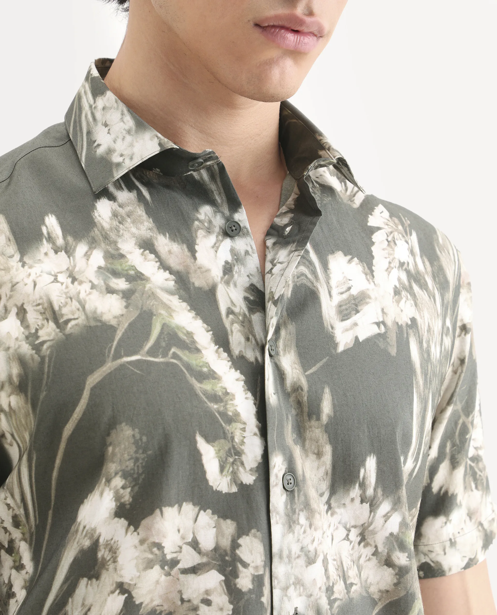 Rare Rabbit Men's Dova Dusky Green Modal Blend Fabric Full Sleeve Spread Collar Regular Fit Floral Print Shirt - Image 3