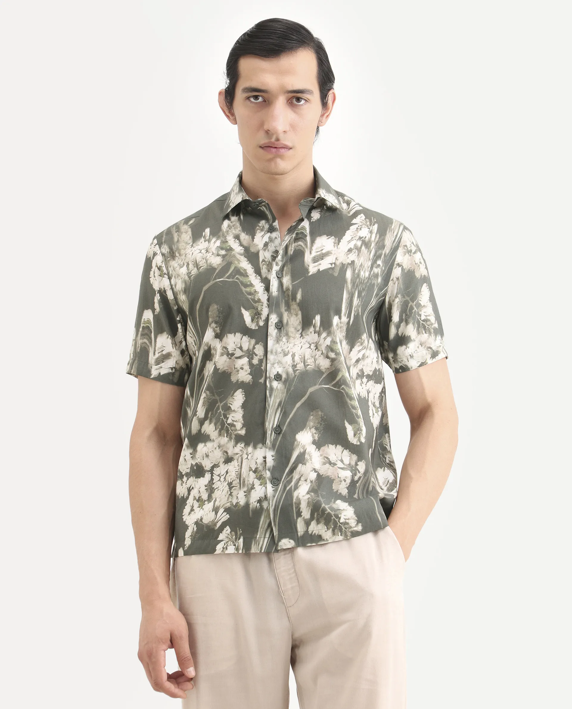 Rare Rabbit Men's Dova Dusky Green Modal Blend Fabric Full Sleeve Spread Collar Regular Fit Floral Print Shirt - Image 4