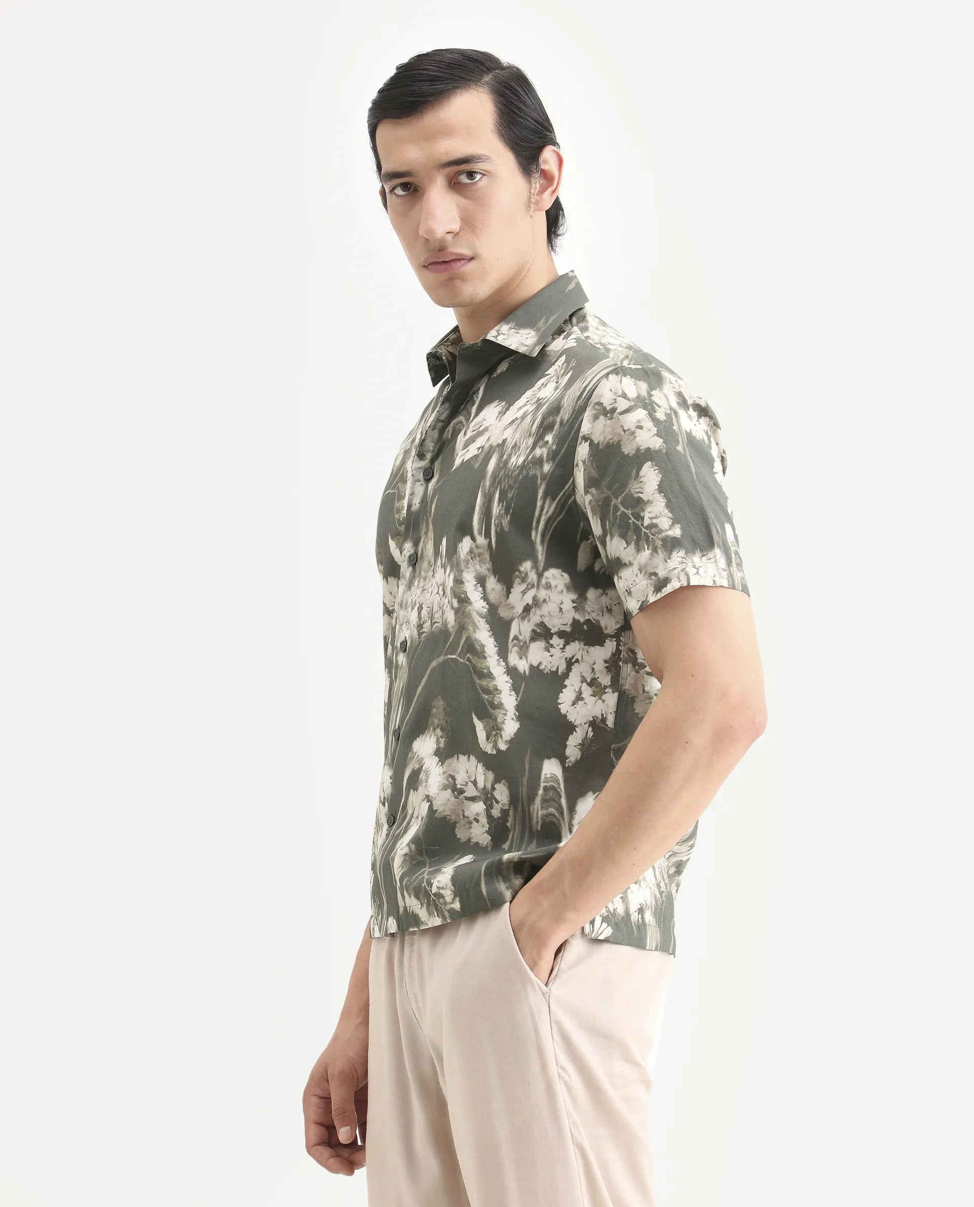 Rare Rabbit Men's Dova Dusky Green Modal Blend Fabric Full Sleeve Spread Collar Regular Fit Floral Print Shirt - Image 5