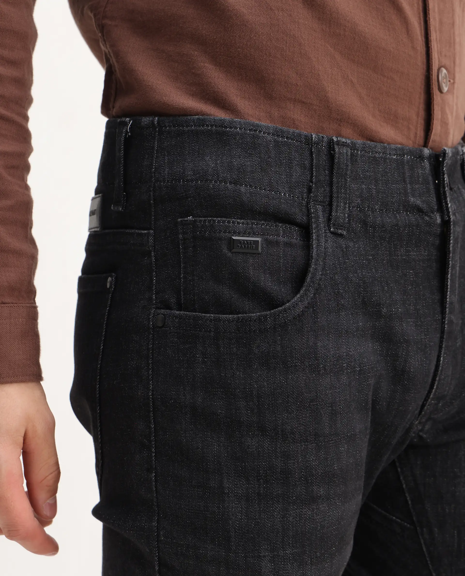 Rare Rabbit Mens Dove Black Cotton Polyester Solid Skinny Fit Jeans - Image 4