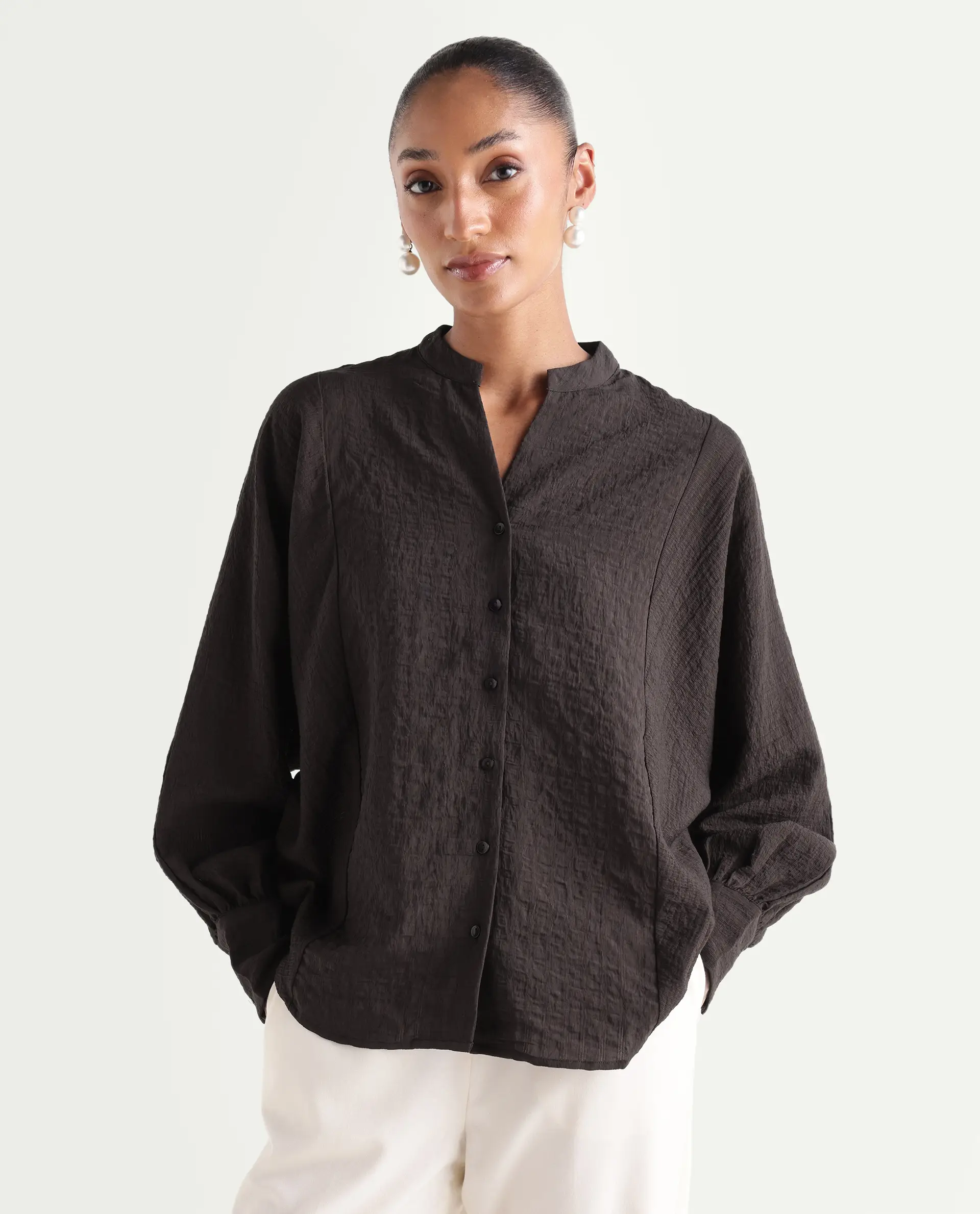 Rareism Women's Dove Brown Viscose Blend Band Collar Button Regular Plain Top