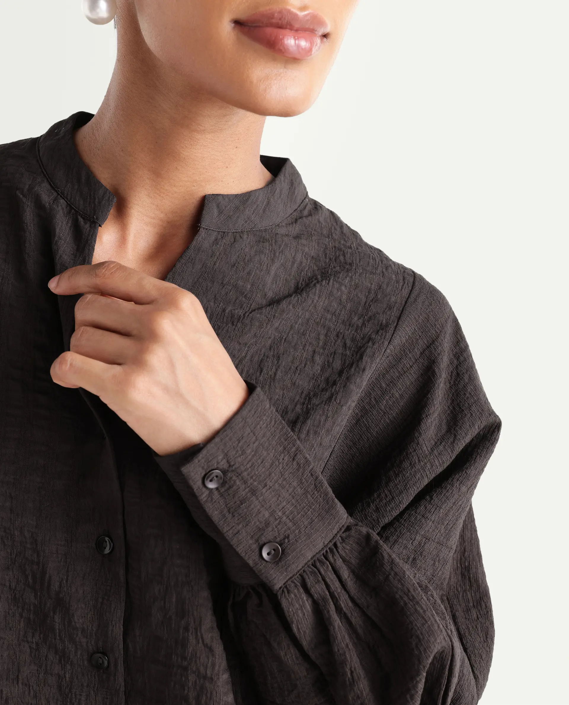 Rareism Women's Dove Brown Viscose Blend Band Collar Button Regular Plain Top - Image 3