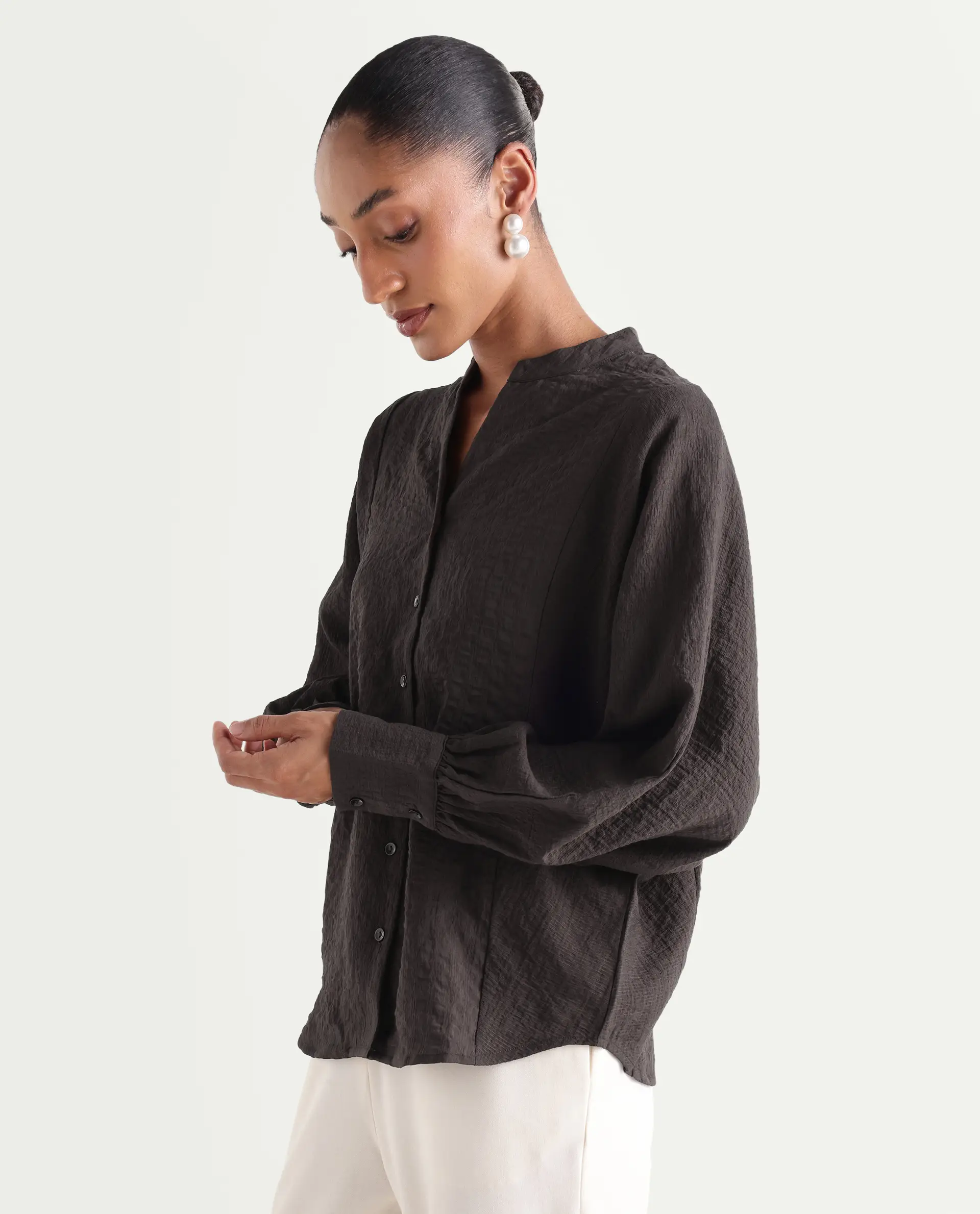 Rareism Women's Dove Brown Viscose Blend Band Collar Button Regular Plain Top - Image 4