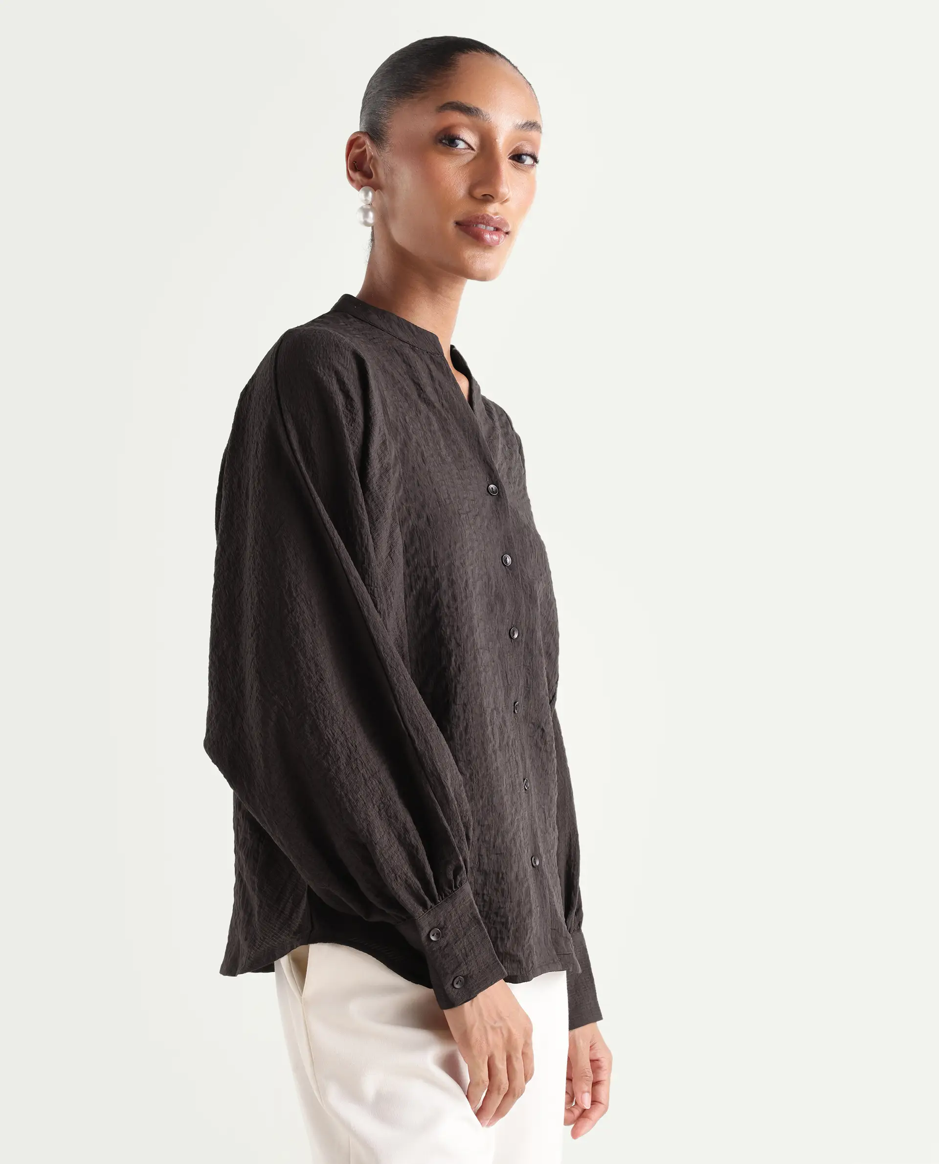 Rareism Women's Dove Brown Viscose Blend Band Collar Button Regular Plain Top - Image 5